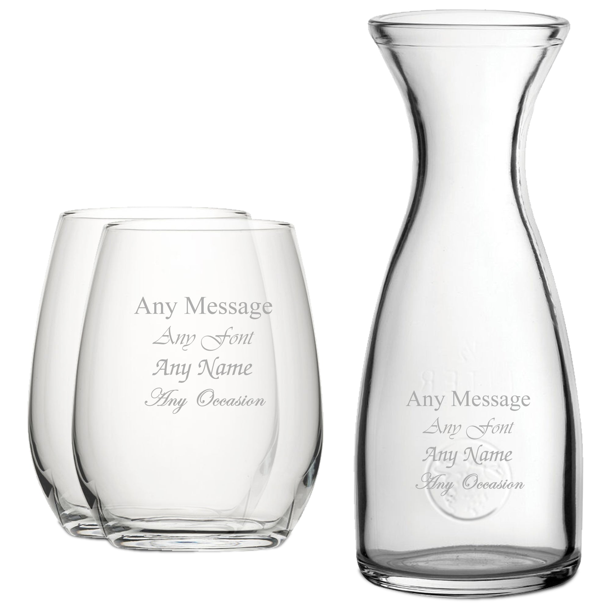 Personalised Engraved Set of 2 Stemless Wine Glass and 1 Litre Carafe Set Image 1