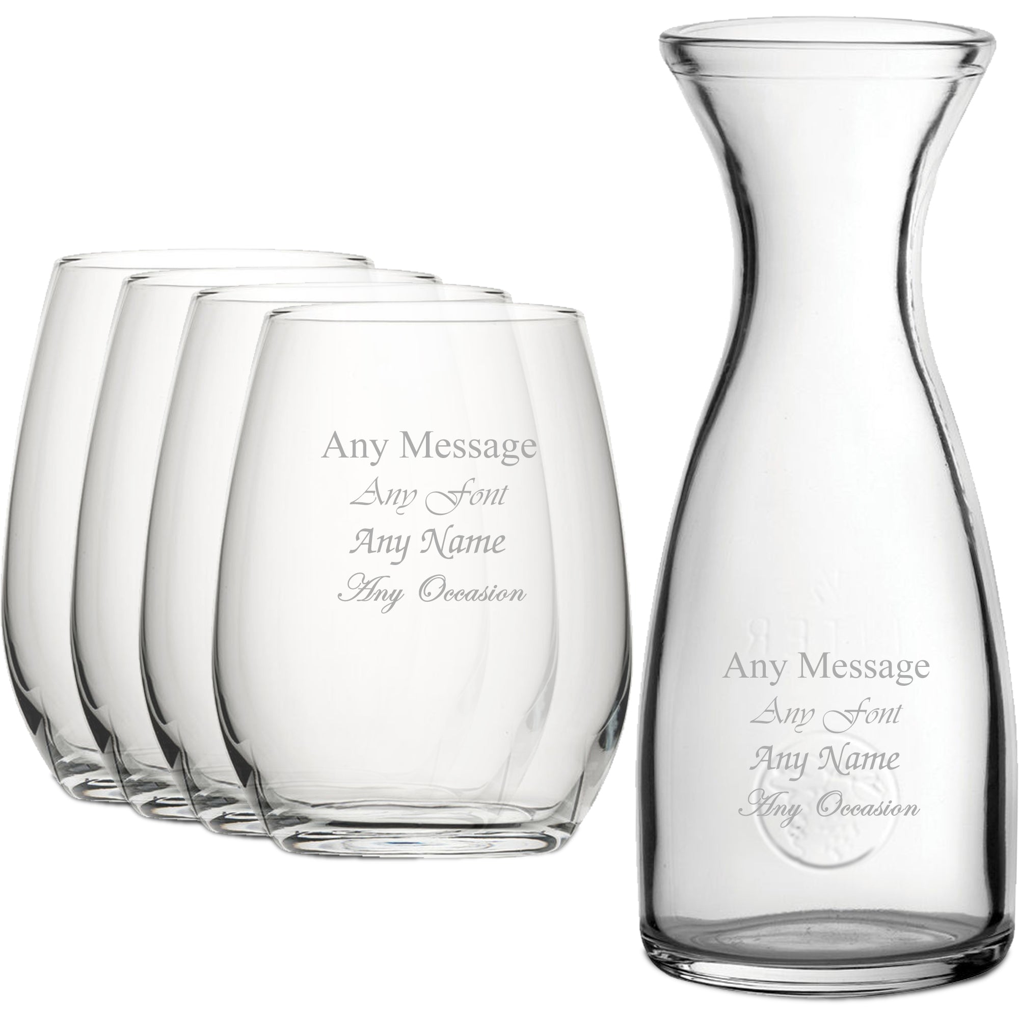 Personalised Engraved Set of 4 Stemless Wine Glass and 1 Litre Carafe Set Image 1