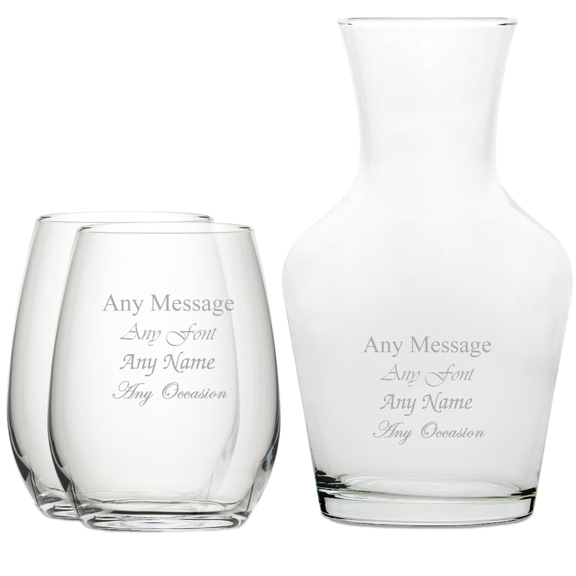 Personalised Engraved Set of 2 Stemless Wine Glass and 1 Litre Vin Carafe Set Image 1