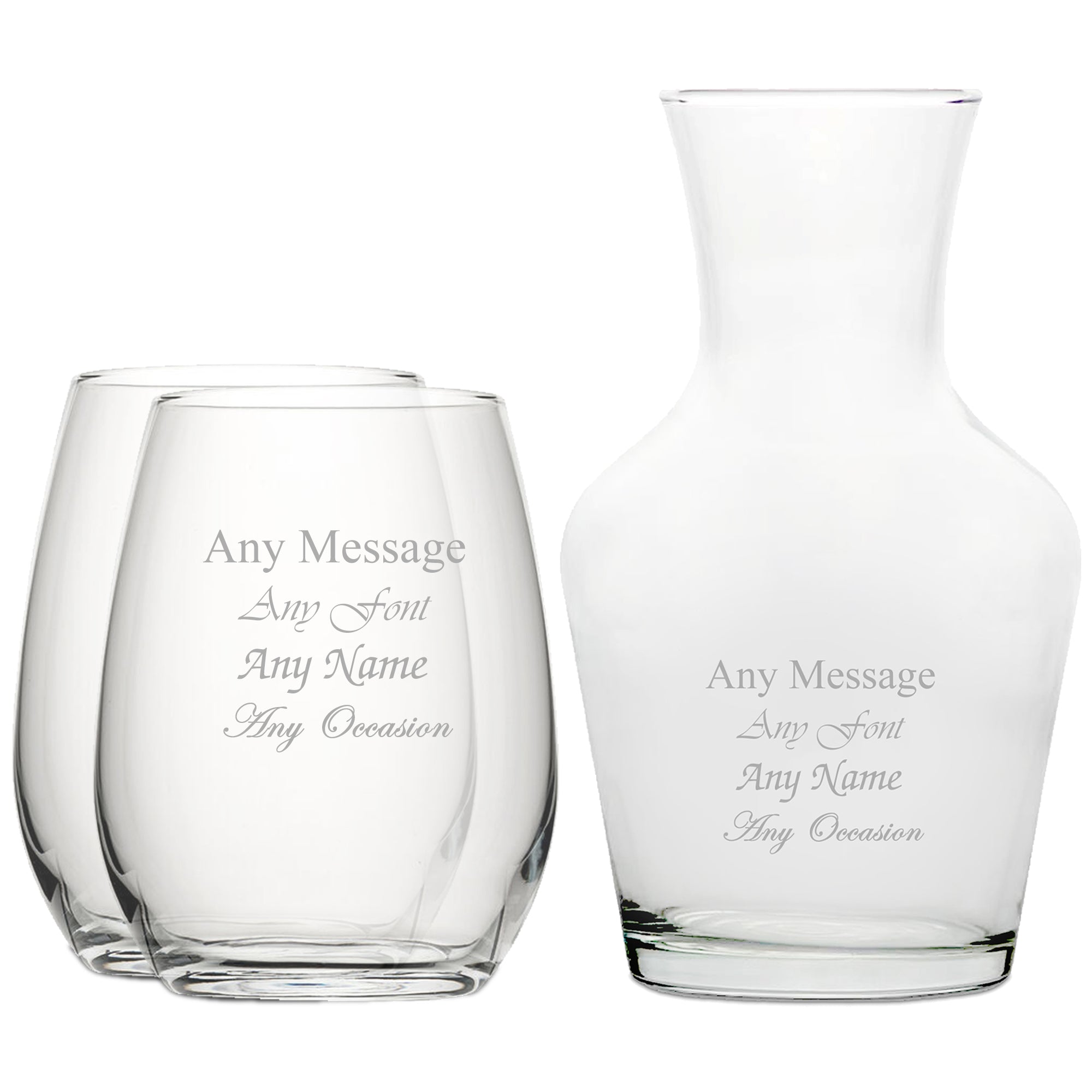 Personalised Engraved Set of 2 Stemless Wine Glass and 500ml Vin Carafe Set Image 1