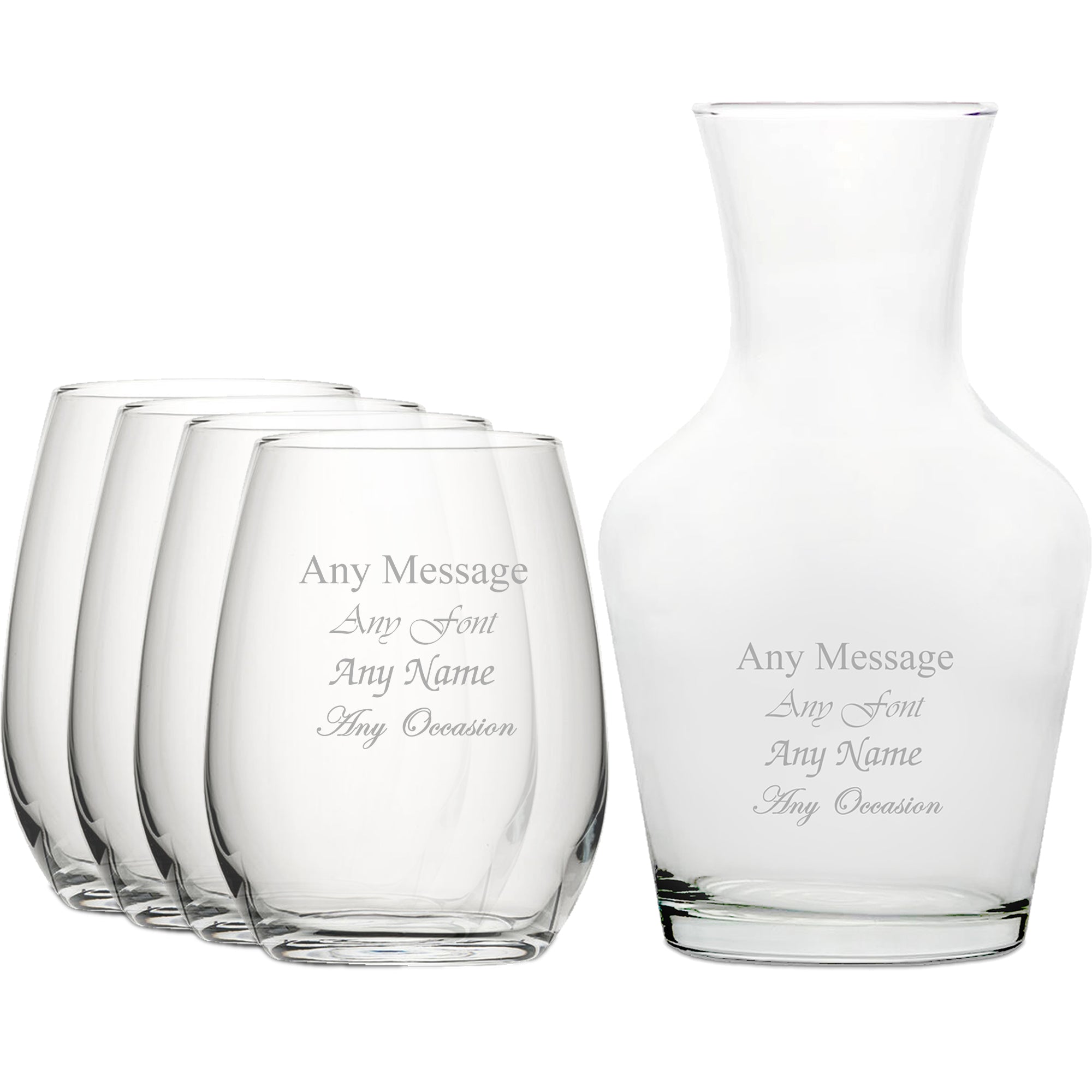 Personalised Engraved Set of 4 Stemless Wine Glass and 500ml Vin Carafe Set Image 1