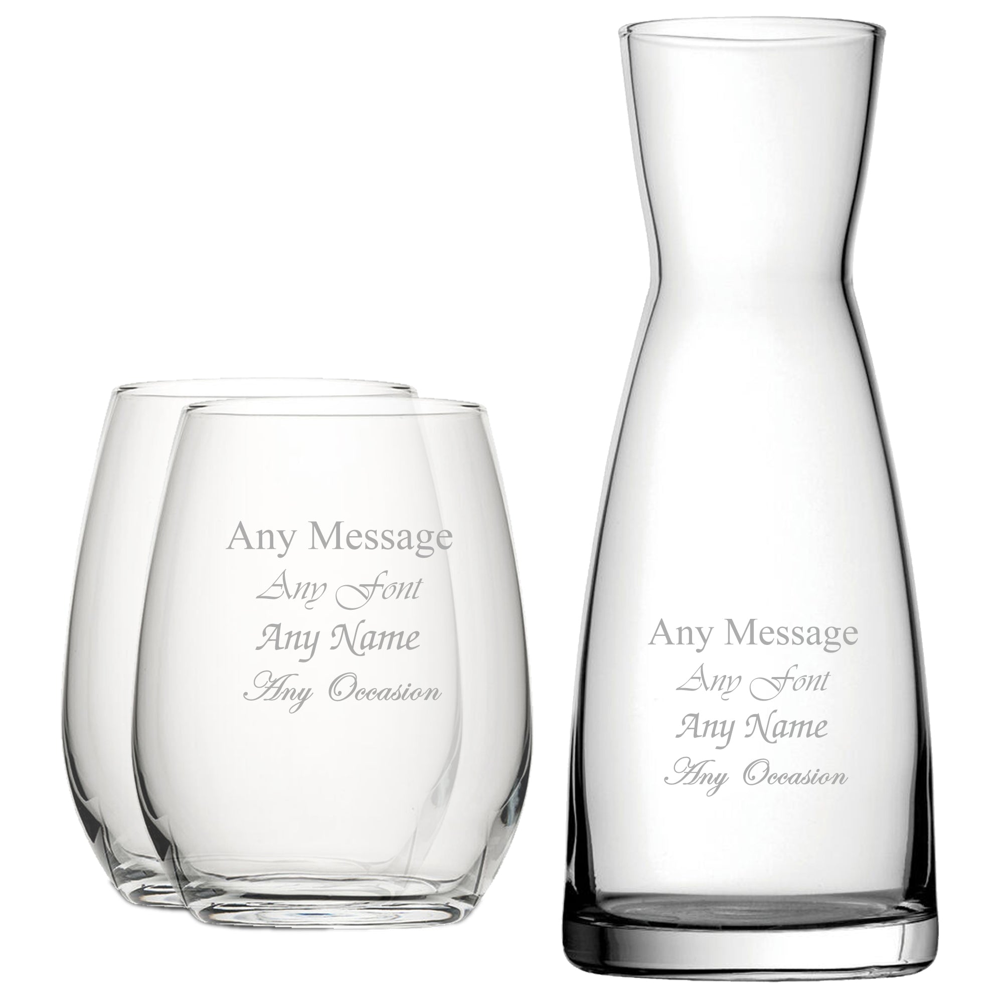 Personalised Engraved Set of 2 Stemless Wine Glass and Contemporary Carafe Set Image 1