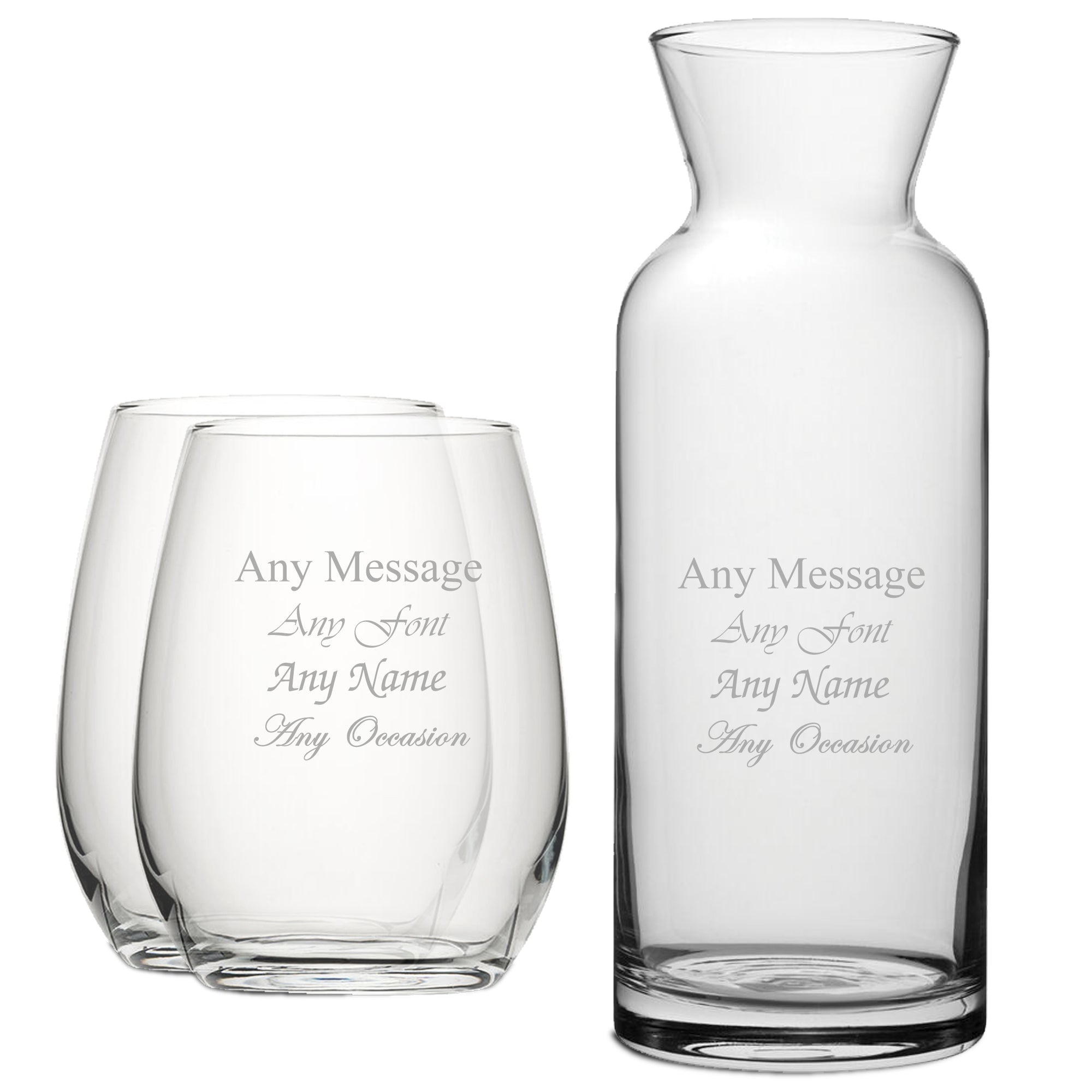 Personalised Engraved Set of 2 Stemless Wine Glass and Village Carafe Set Image 1