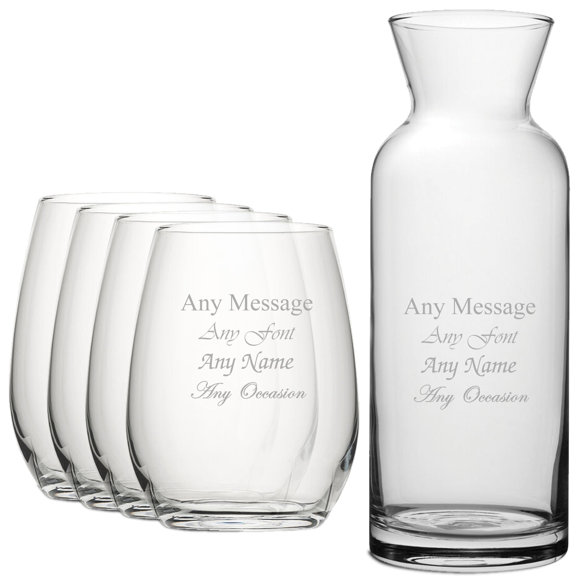 Personalised Engraved Set of 4 Stemless Wine Glass and Village Carafe Set Image 1