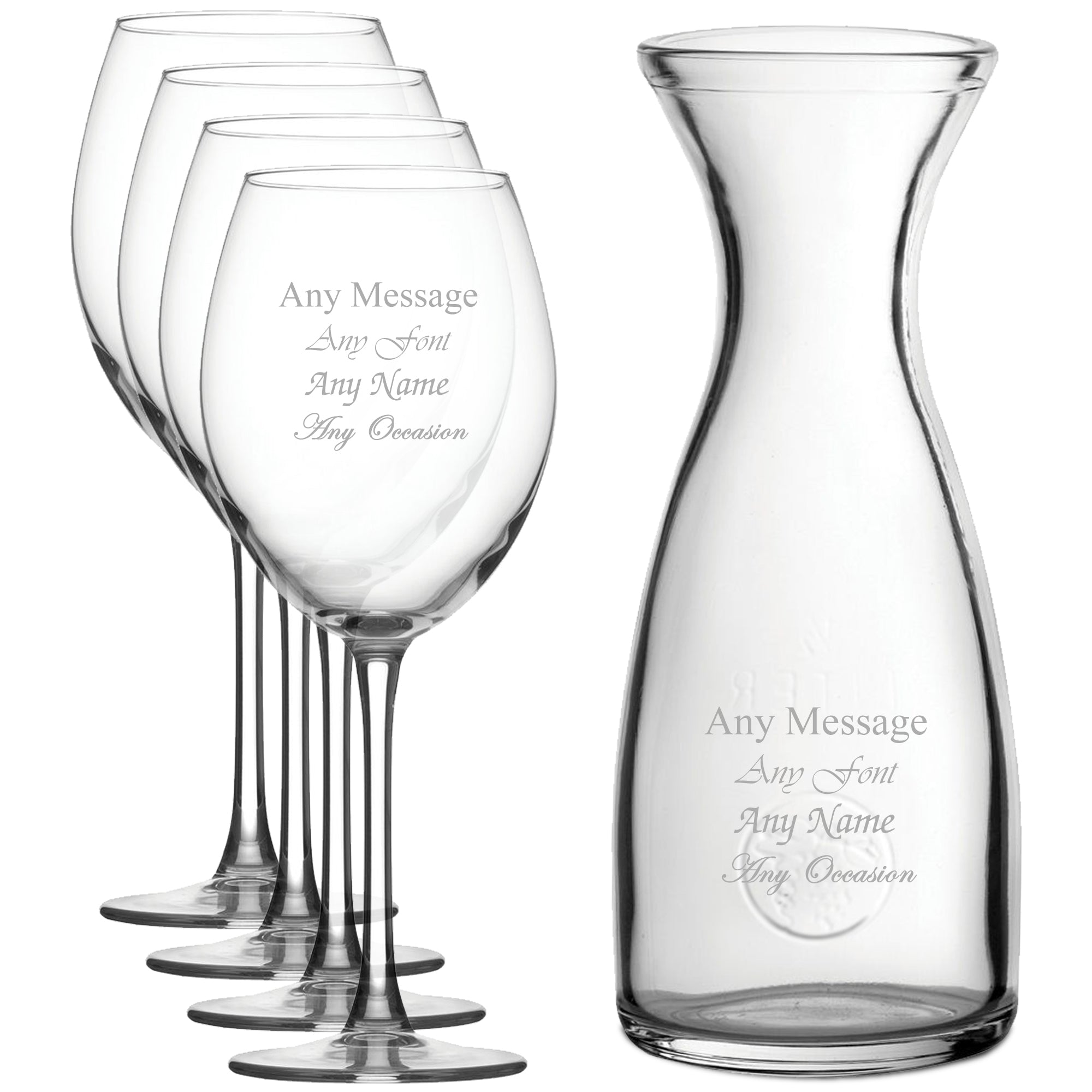 Personalised Engraved Set of 4 Enoteca Wine Glass and 1 Litre Carafe Set Image 1