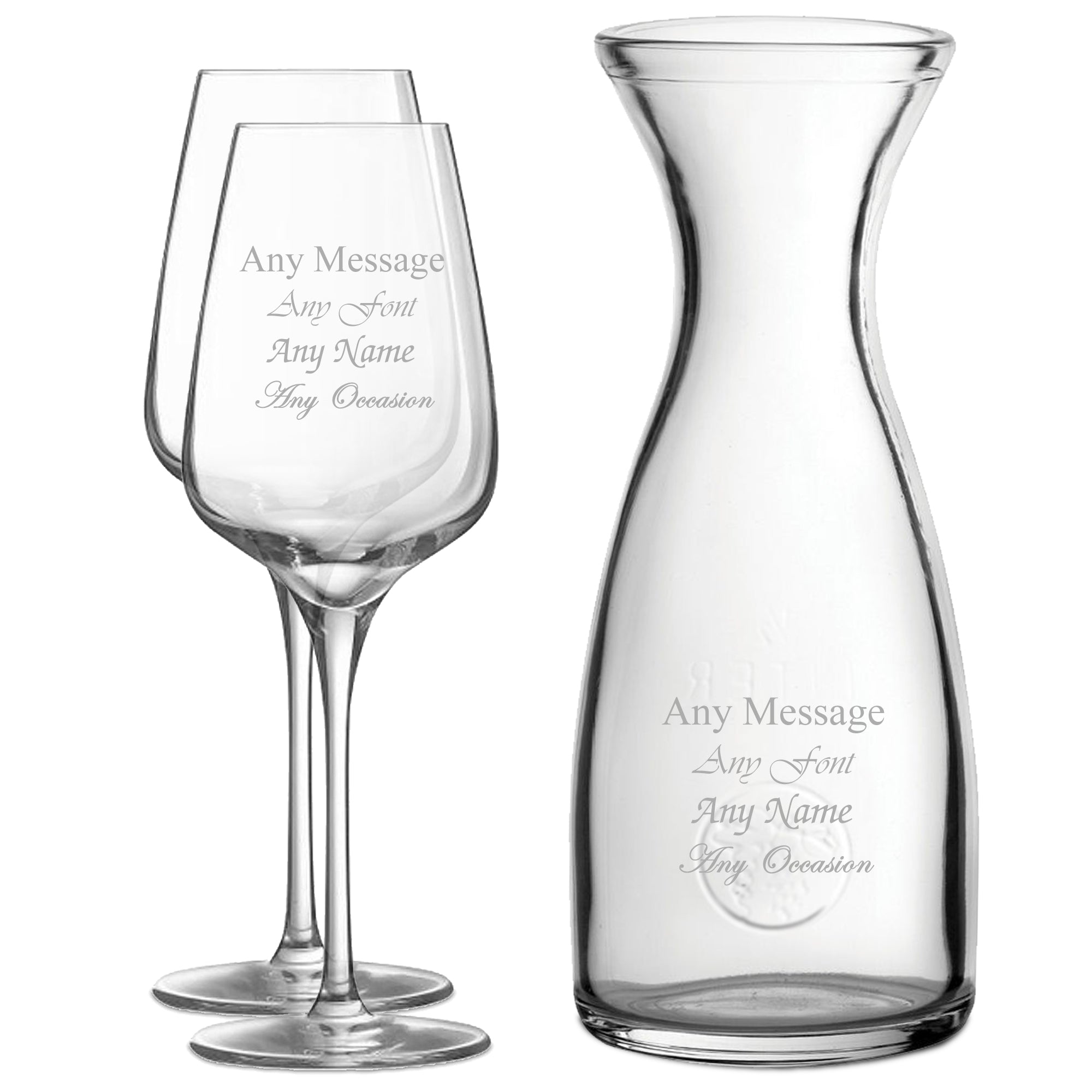 Personalised Engraved Set of 2 Sublym Wine Glass and 1 Litre Carafe Set Image 1