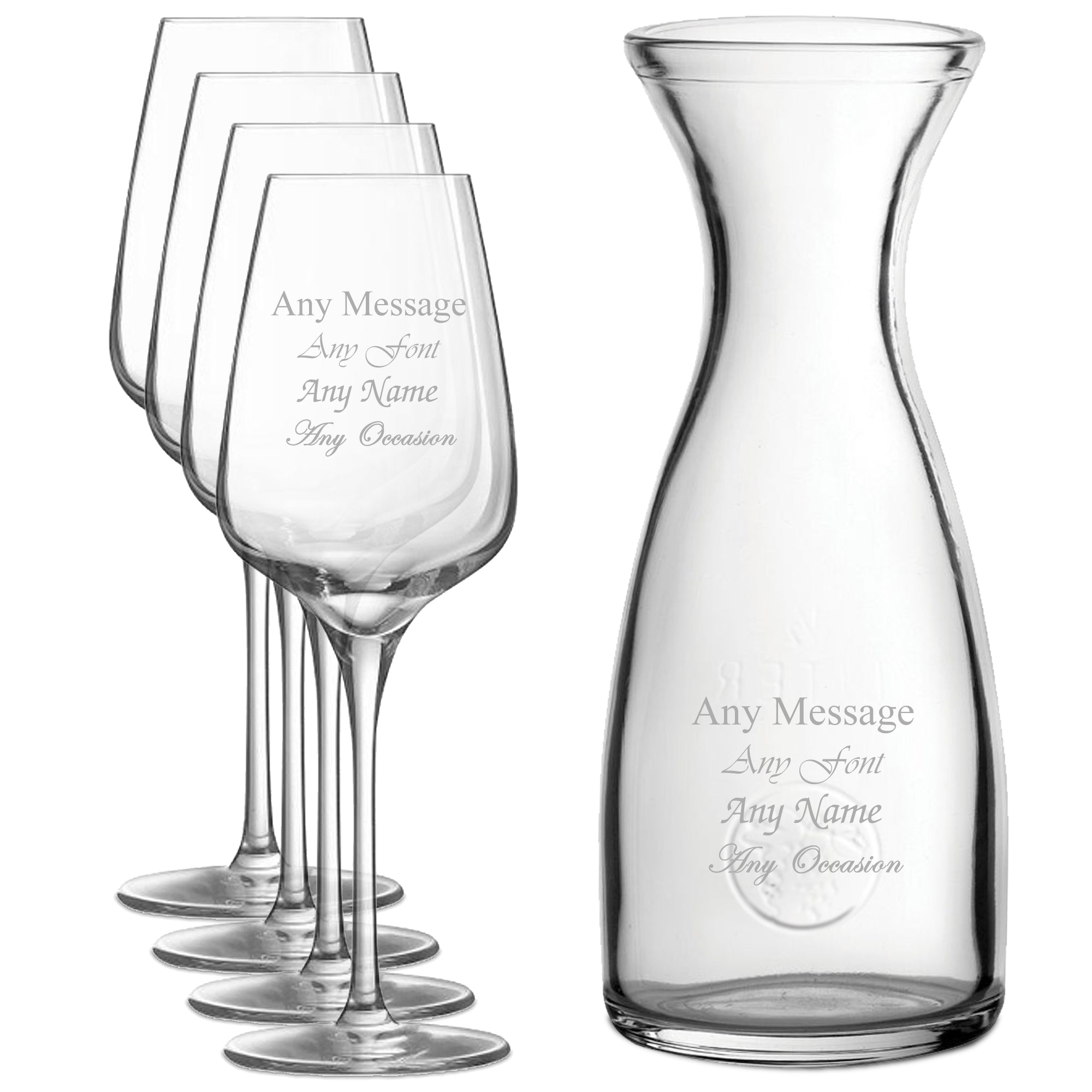 Personalised Engraved Set of 4 Sublym Wine Glass and 1 Litre Carafe Set Image 1
