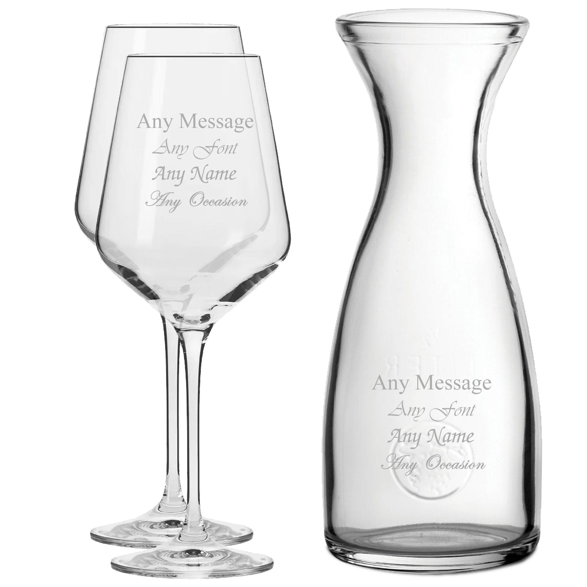 Personalised Engraved Set of 2 Infinity Wine Glass and 1 Litre Carafe Set Image 1