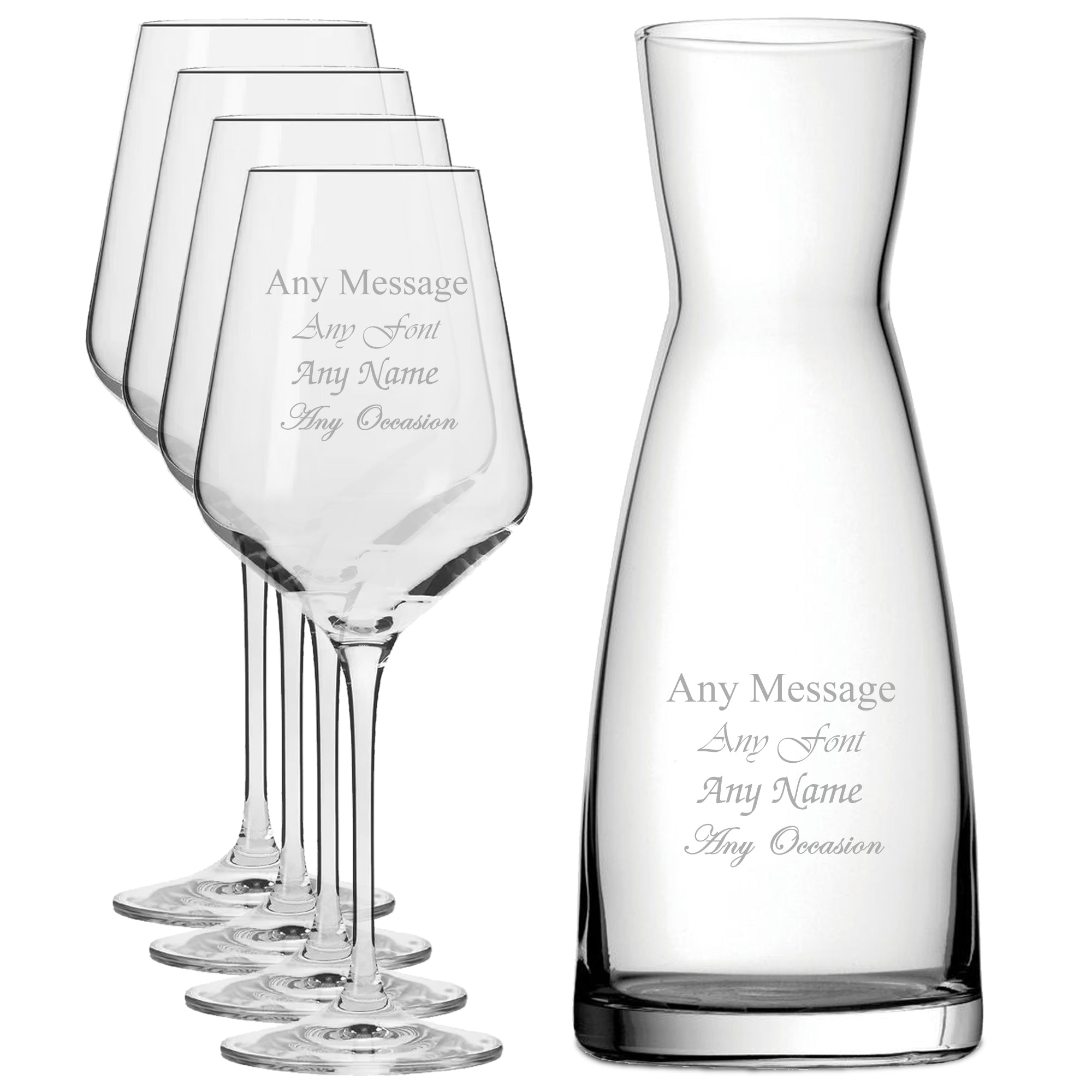 Personalised Engraved Set of 4 Infinity Wine Glass and Contemporary Carafe Set Image 1