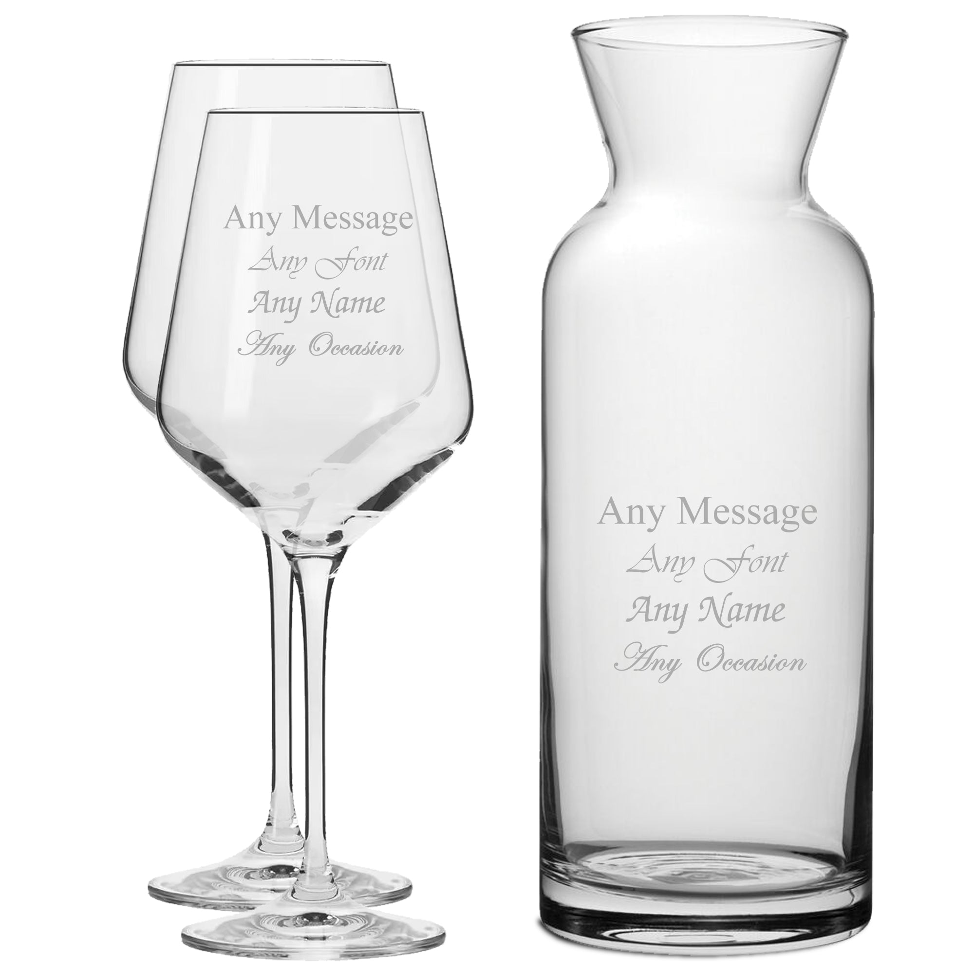 Personalised Engraved Set of 2 Infinity Wine Glass and Village Carafe Set Image 1