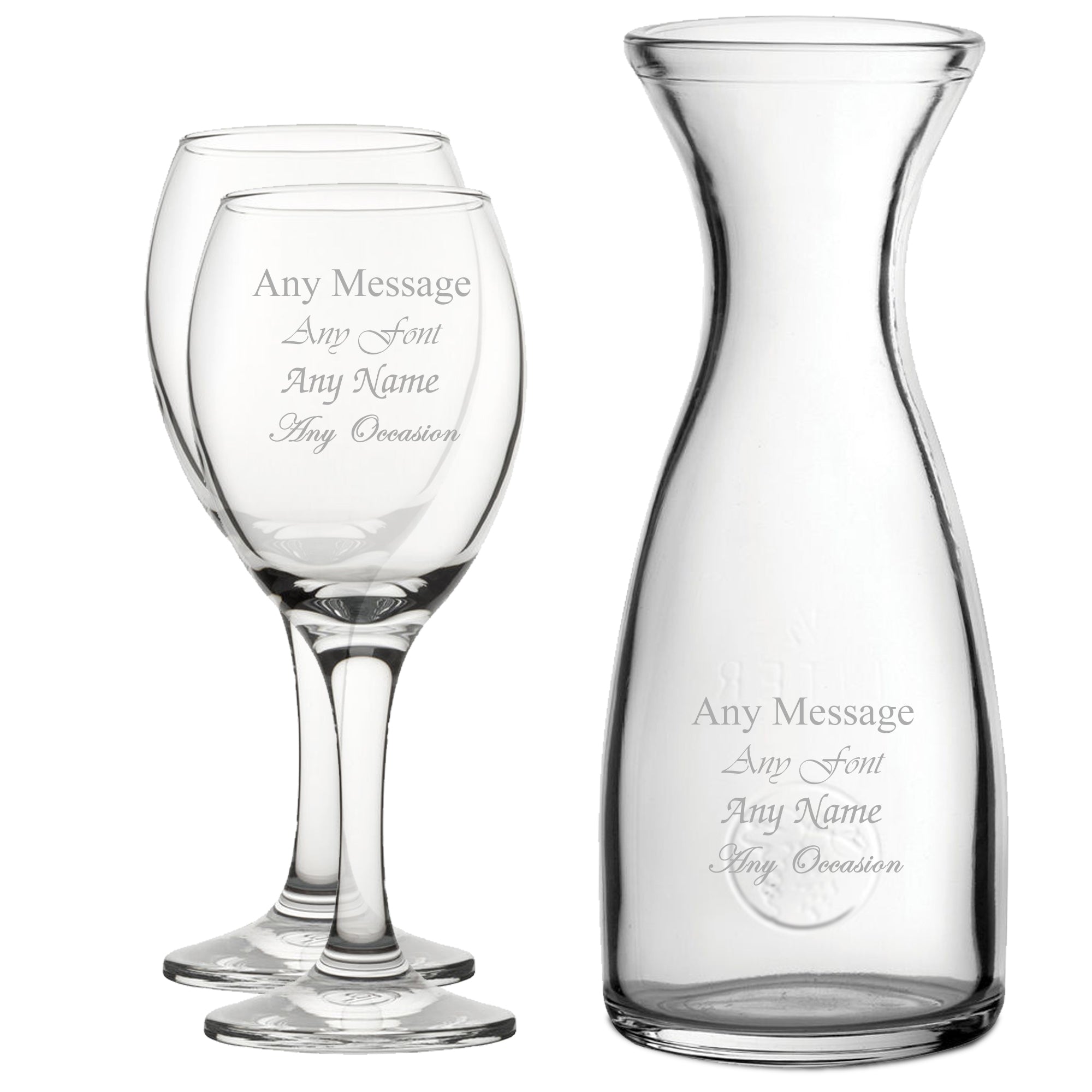 Personalised Engraved Set of 2 Pure Wine Glass and 1 Litre Carafe Set Image 1
