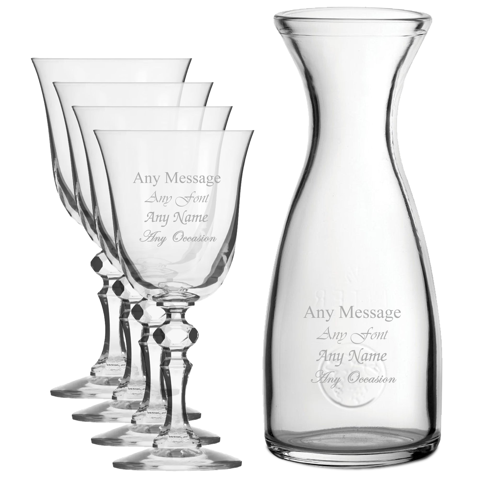 Personalised Engraved Set of 4 Crystal Jasmine Wine Glass and 1 Litre Carafe Set Image 1