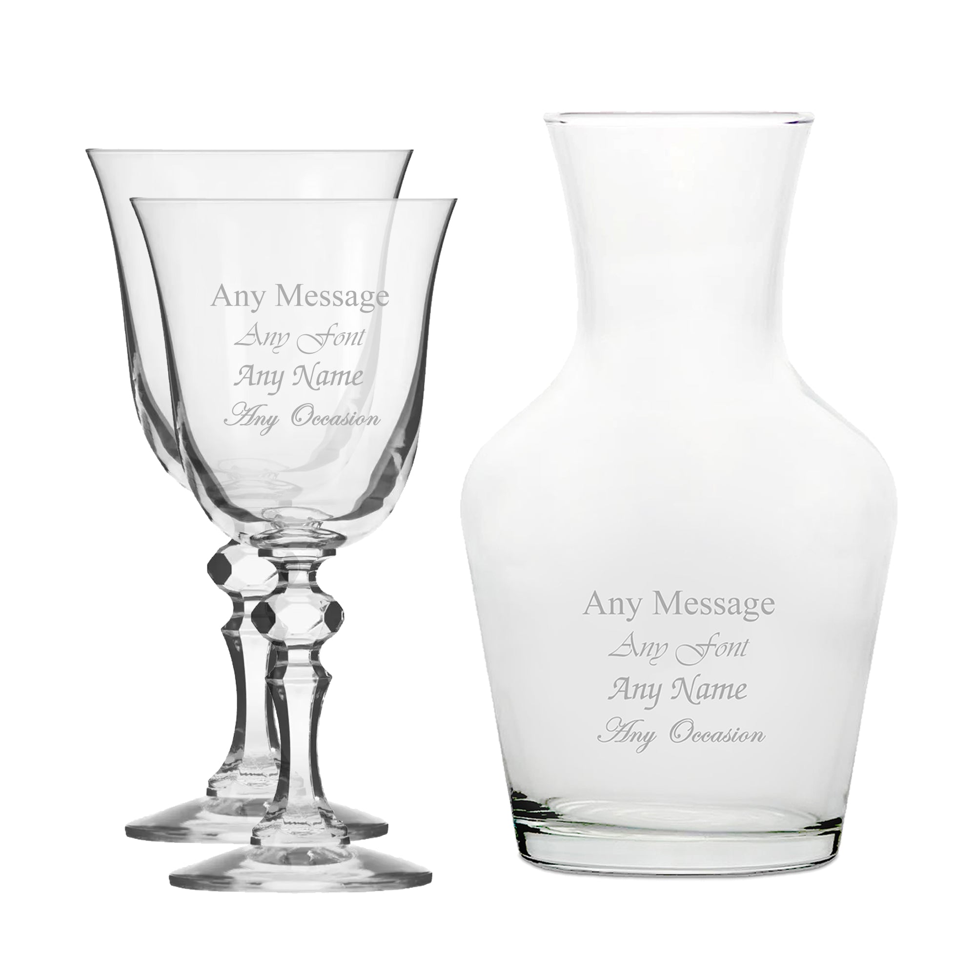 Personalised Engraved Set of 2 Crystal Jasmine Wine Glass and 1 Litre Vin Carafe Set Image 1