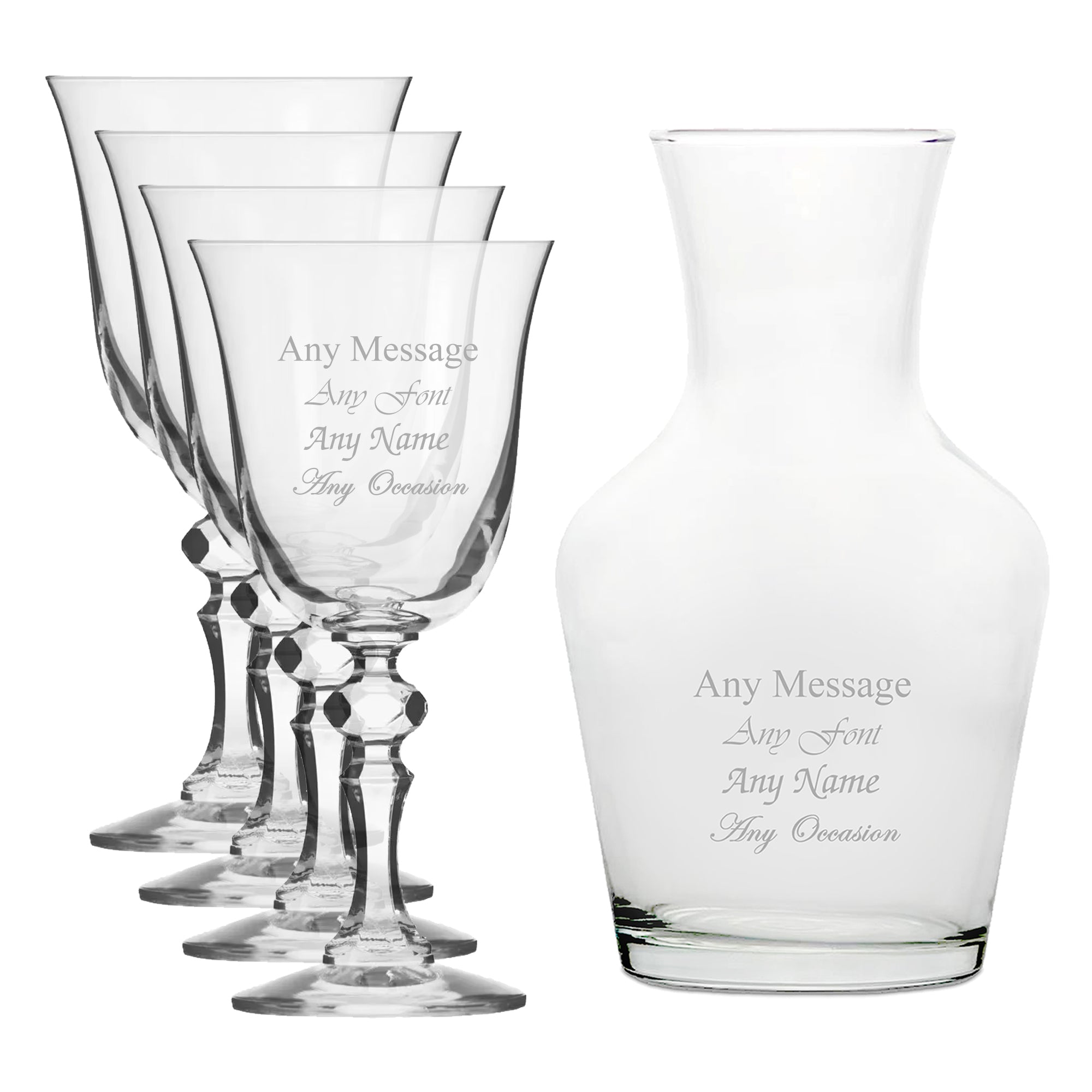 Personalised Engraved Set of 4 Crystal Jasmine Wine Glass and 1 Litre Vin Carafe Set Image 1