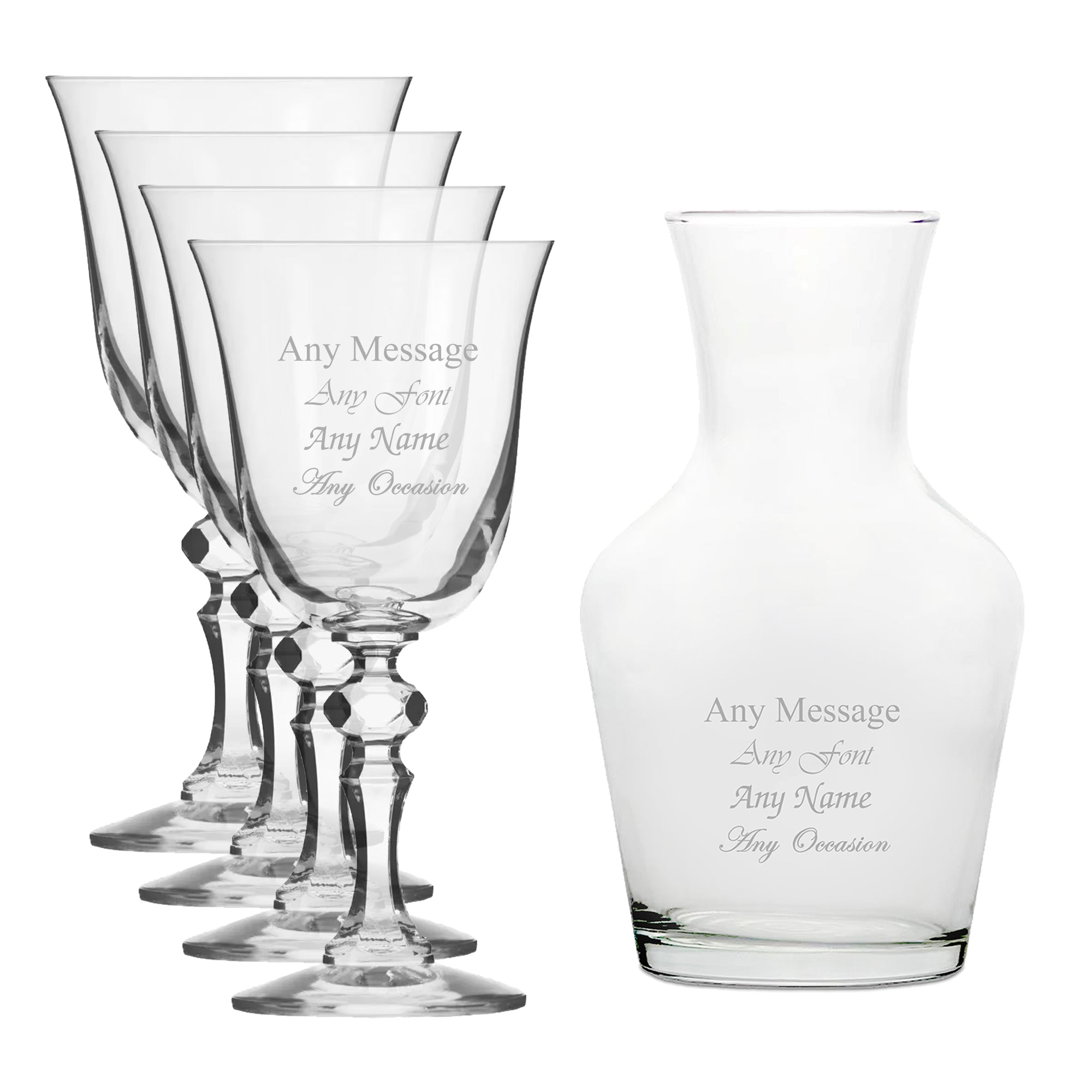 Personalised Engraved Set of 4 Crystal Jasmine Wine Glass and 500ml Vin Carafe Set Image 1