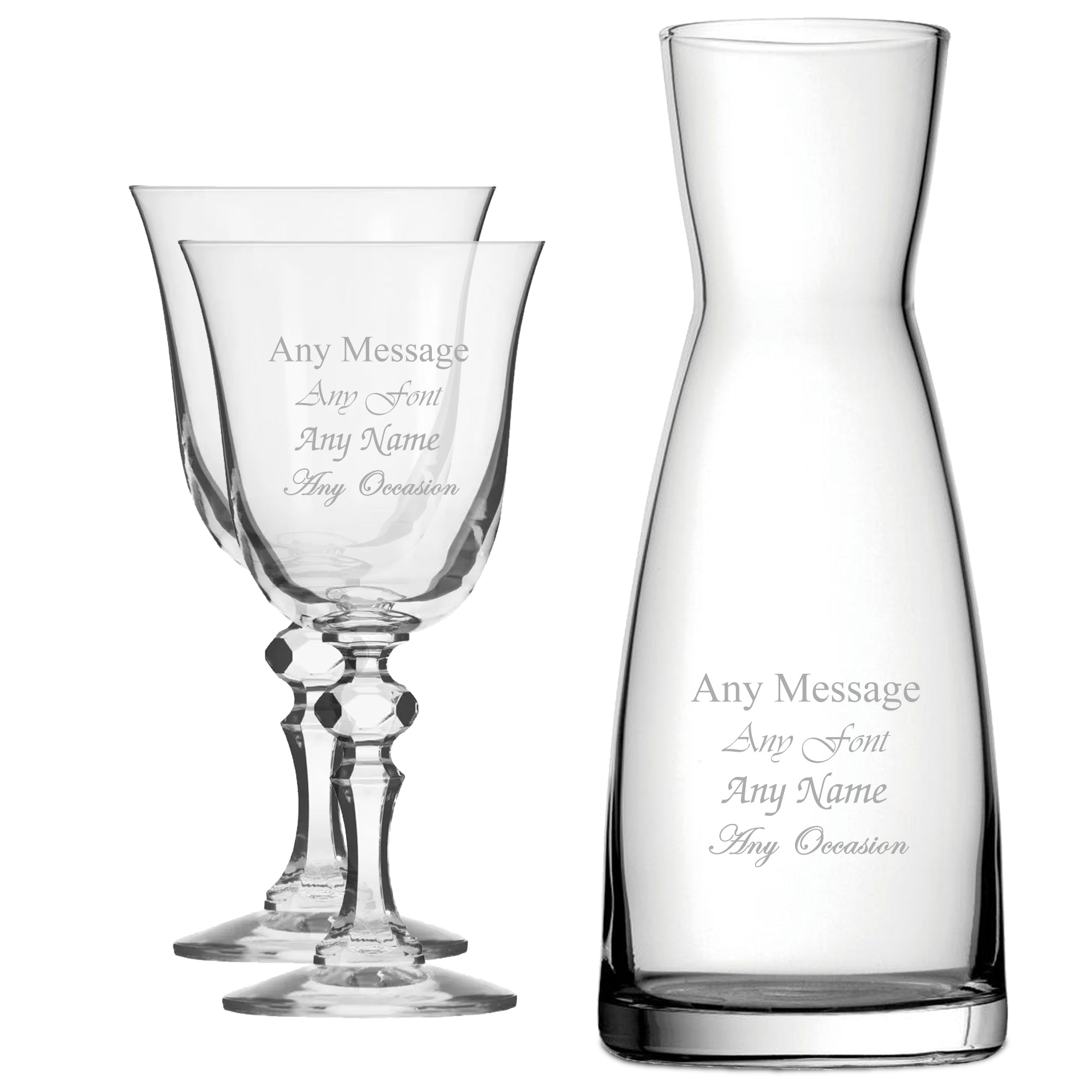 Personalised Engraved Set of 2 Crystal Jasmine Wine Glass and Contemporary Carafe Set Image 1
