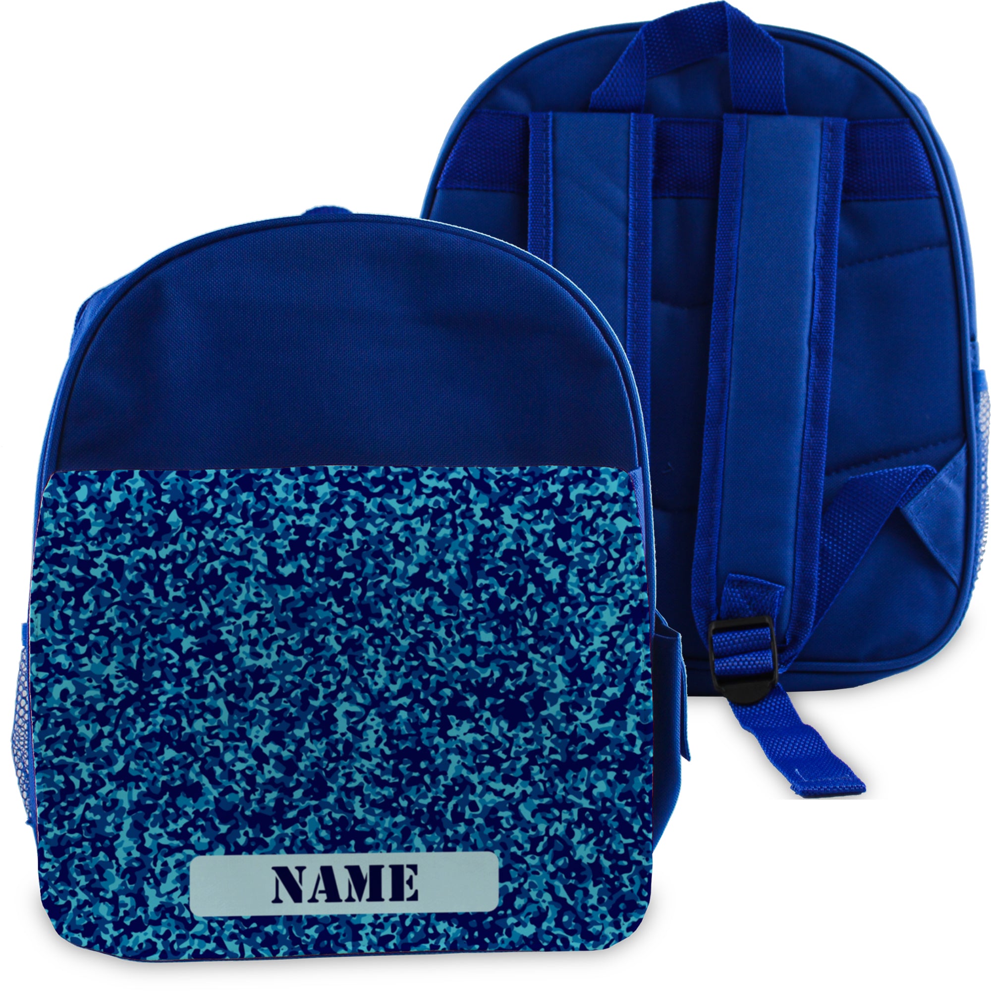 Printed Kids Blue Backpack with Blue Camo Design, Customise with Any Name Image 1