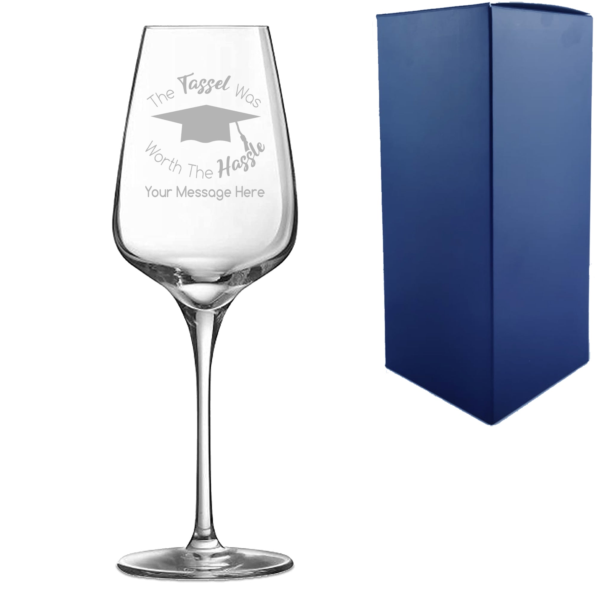 Personalised Engraved Graduation Wine Glass with 'The Tassel was worth the Hassle' Design, Personalise with Any Name or Message Image 1
