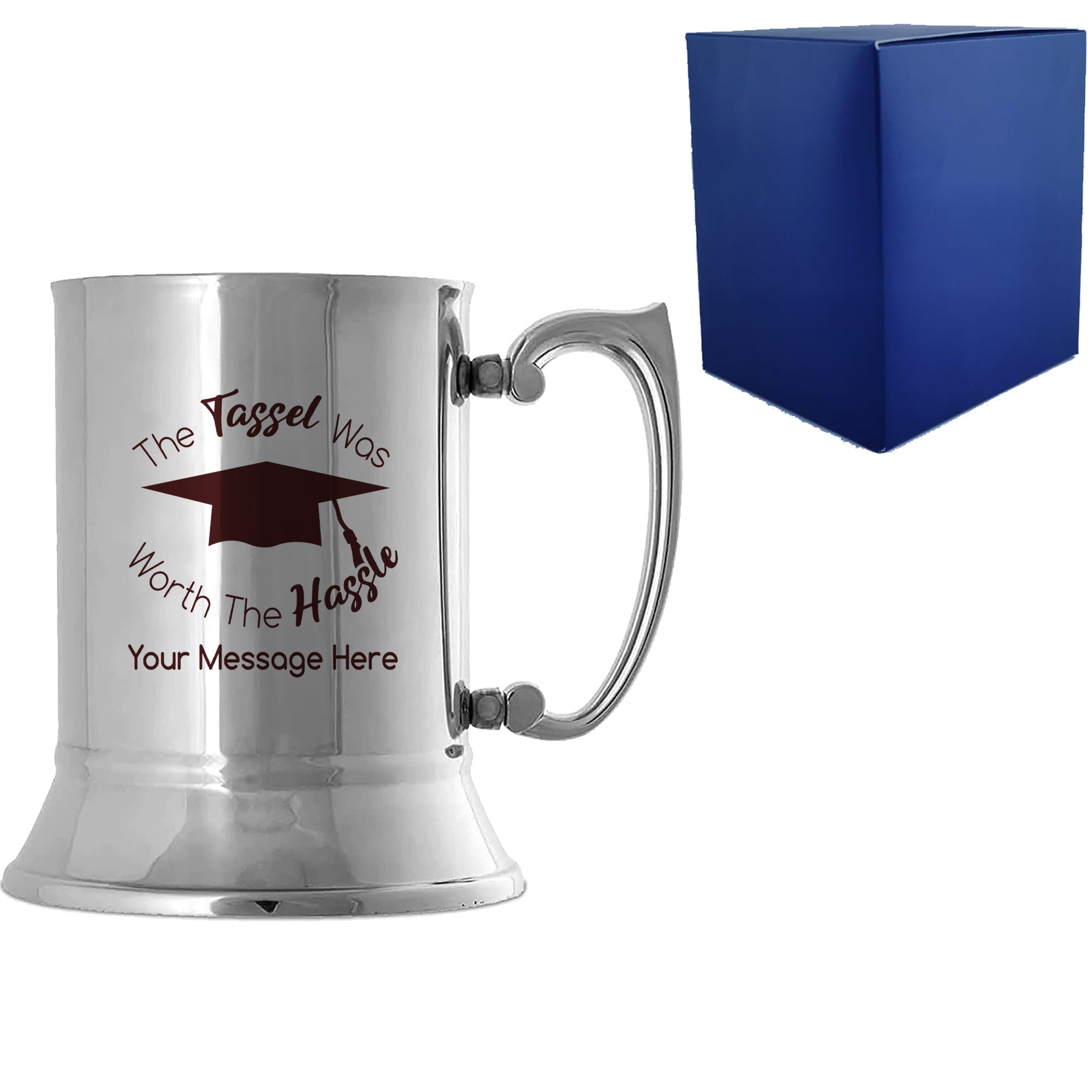 Personalised Engraved Graduation Steel Tankard with 'The Tassel was worth the Hassle' Design, Personalise with Any Name or Message Image 1