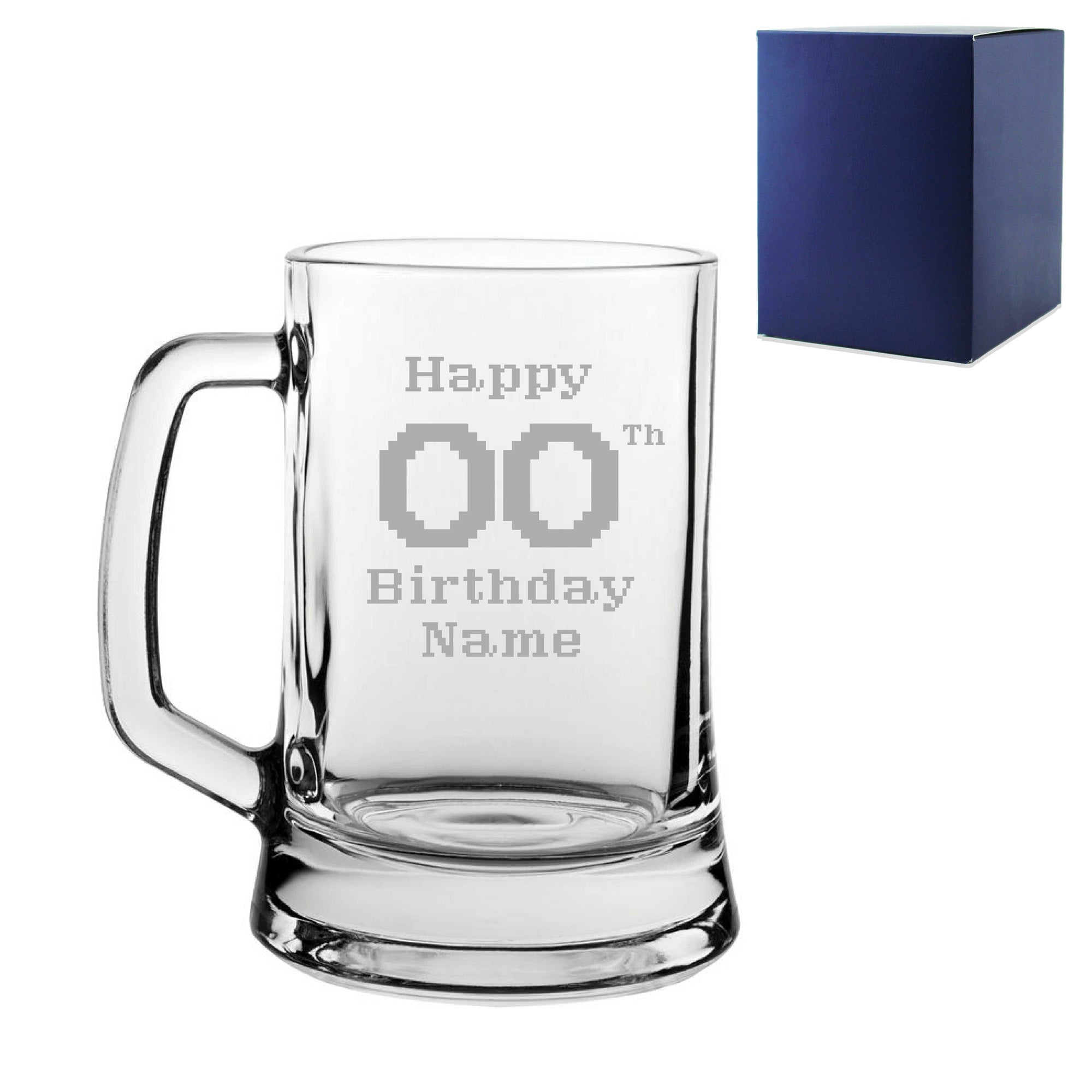Engraved Tankard Beer Mug Stein Happy 20,30,40,50... Birthday Pixelated Design Gift Boxed Image 2