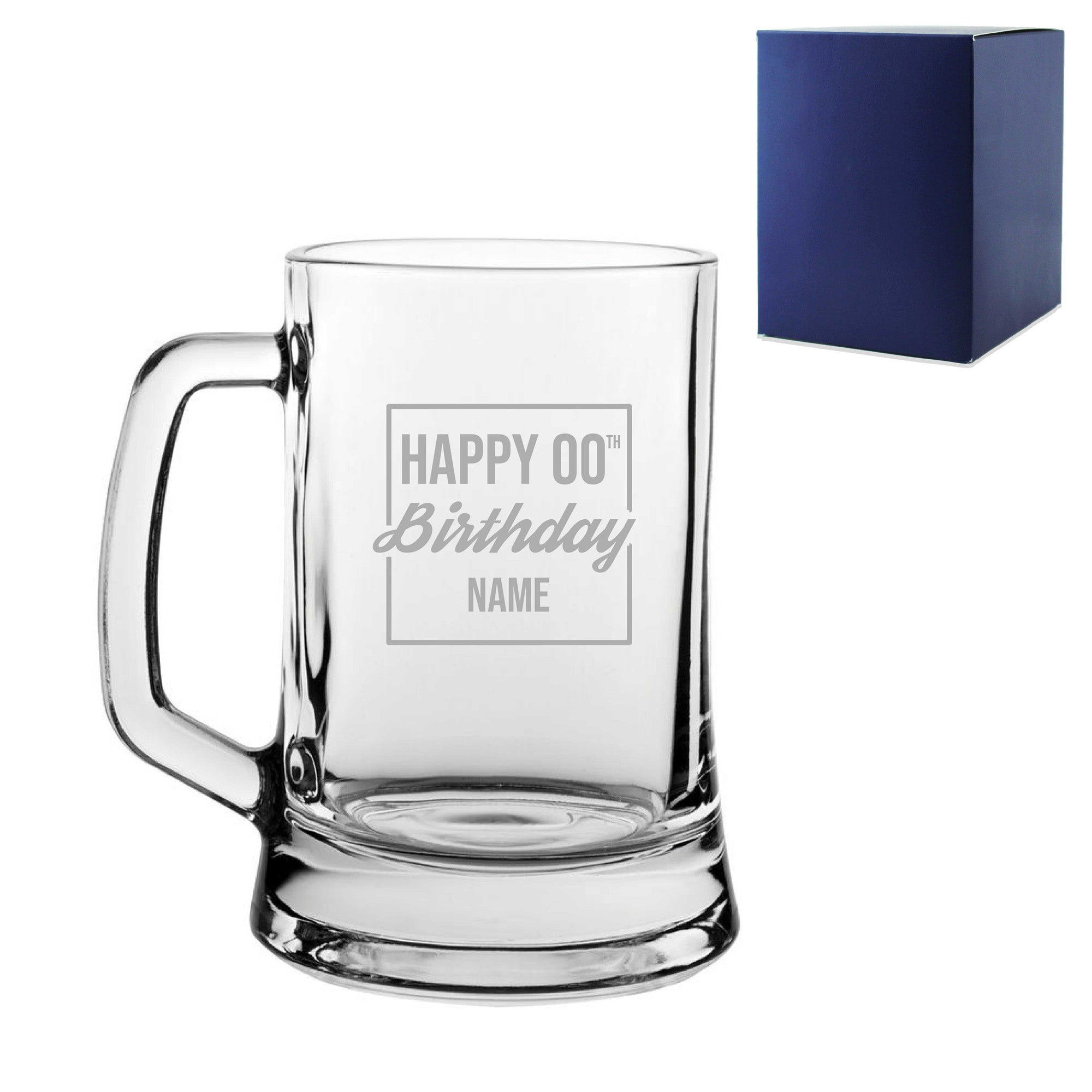 Engraved Tankard Beer Mug Stein Happy 20,30,40,50... Birthday Square Design Gift Boxed Image 1