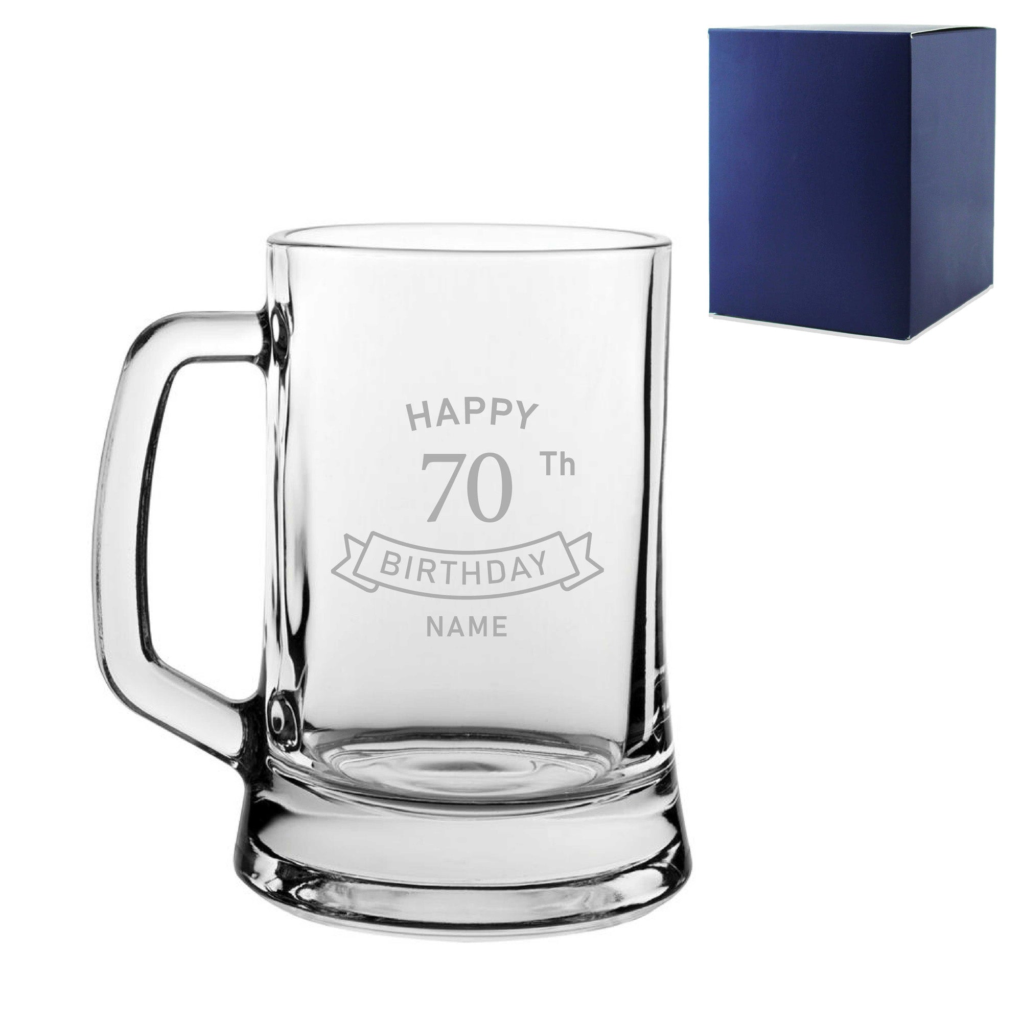 Engraved Tankard Beer Mug Stein Happy 70th Birthday Banner Design Gift Boxed Image 1