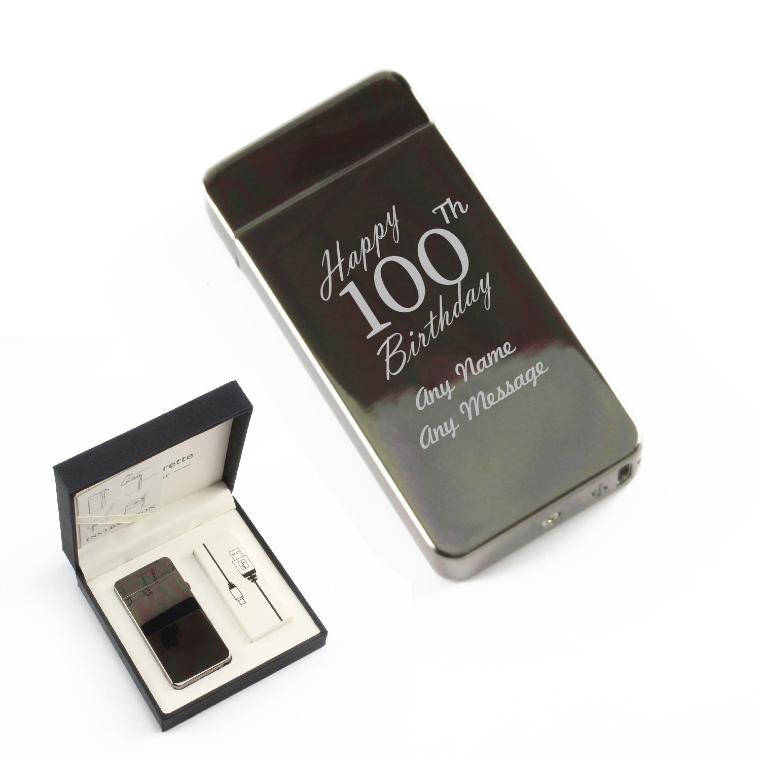Engraved Electric Arc Lighter, Black, Happy 100th Birthday, Gift Boxed Image 1