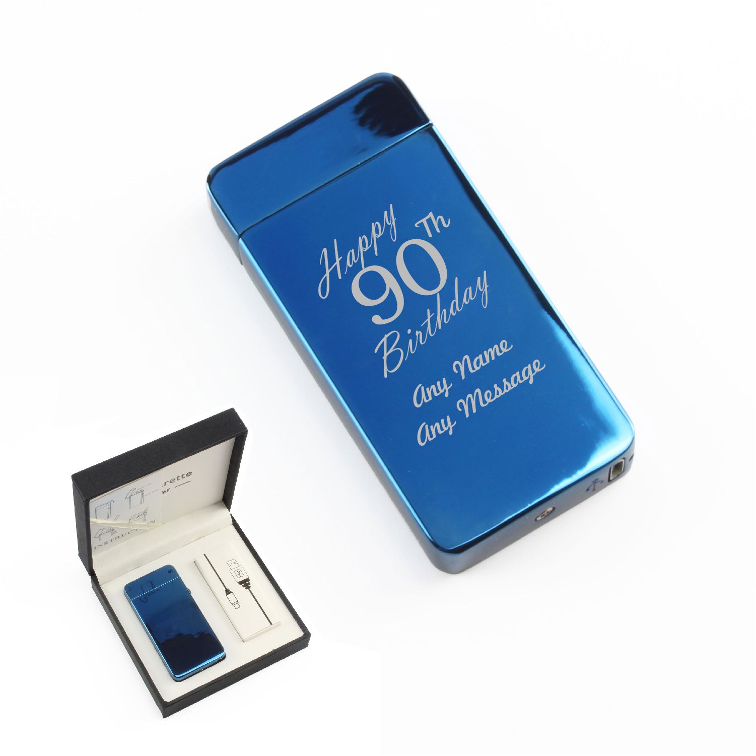 Engraved Electric Arc Lighter, Blue, Happy 90th Birthday, Gift Boxed Image 1