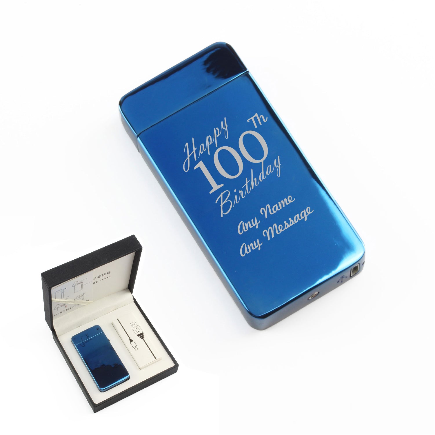 Engraved Electric Arc Lighter, Blue, Happy 100th Birthday, Gift Boxed Image 1