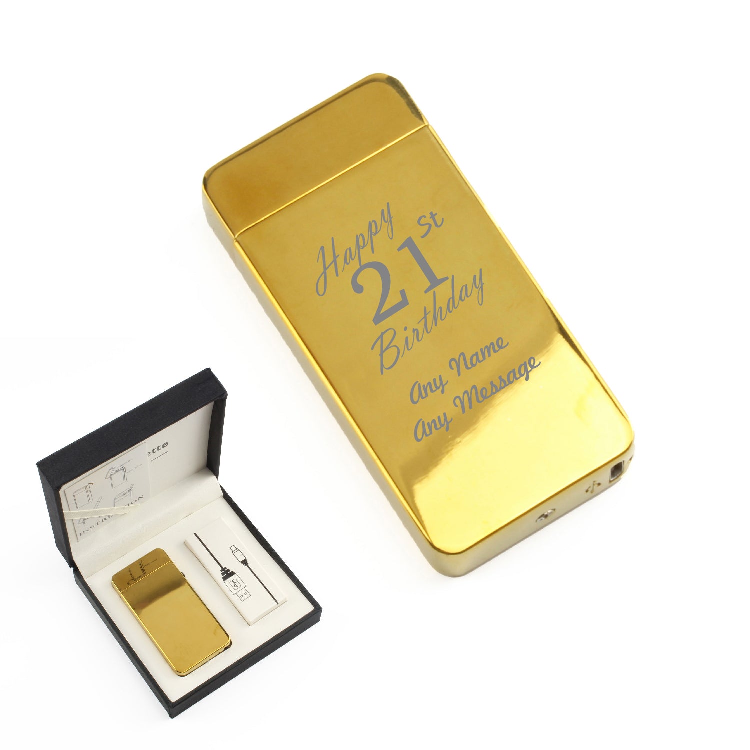 Engraved Electric Arc Lighter, Gold, Happy 21st Birthday, Gift Boxed Image 1