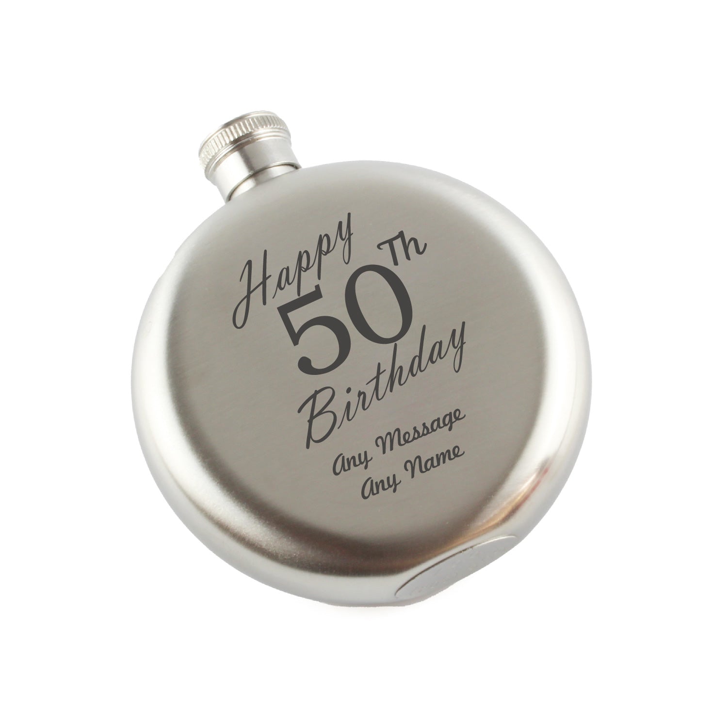 Engraved 5oz Round Steel Hip Flask Happy 50th Birthday Image 1