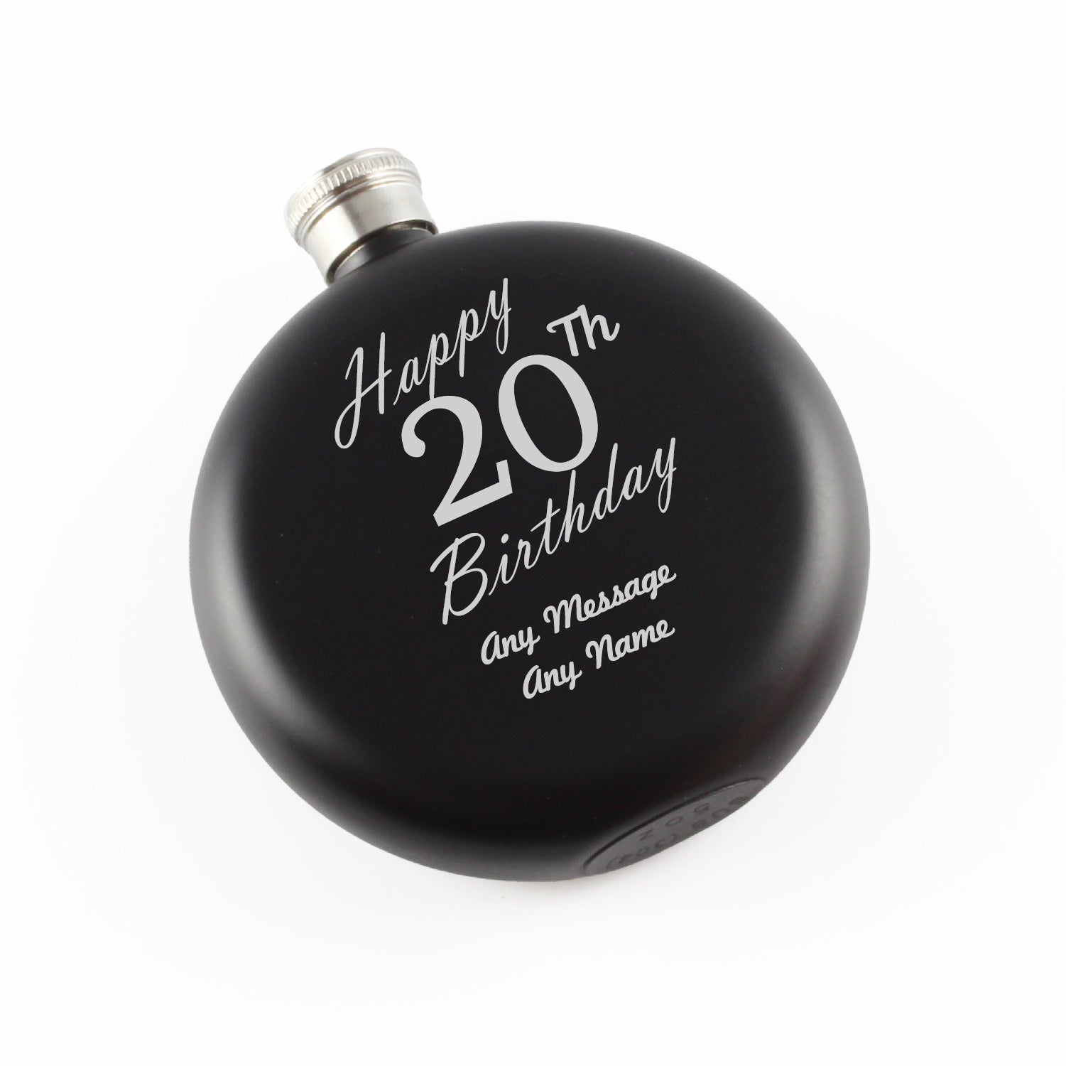 Engraved 5oz Round Black Hip Flask Happy 20th Birthday Image 1