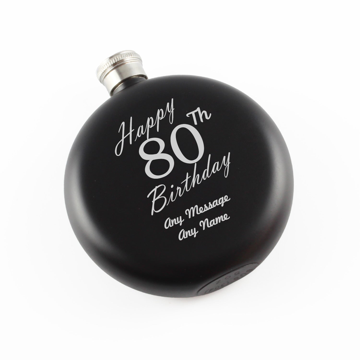 Engraved 5oz Round Black Hip Flask Happy 80th Birthday Image 1