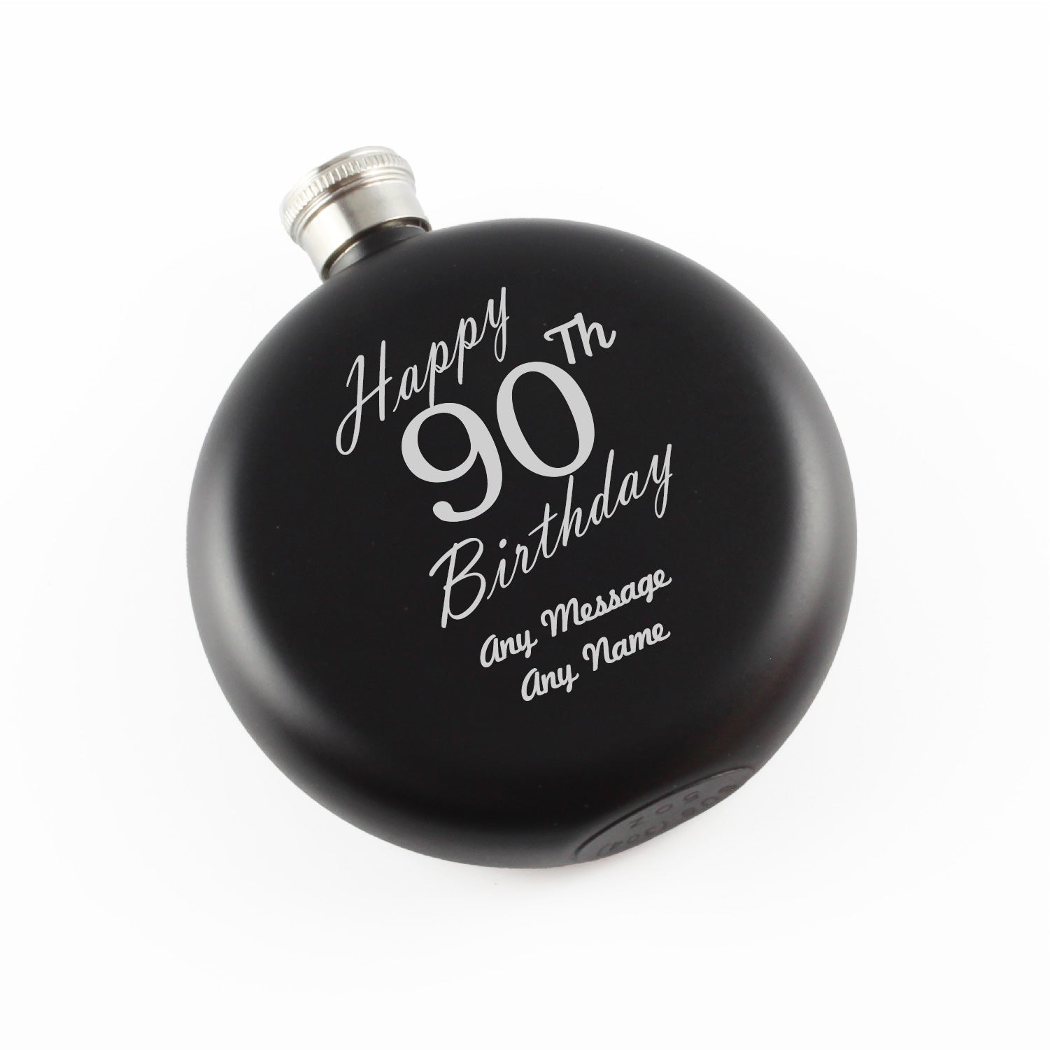 Engraved 5oz Round Black Hip Flask Happy 90th Birthday Image 1