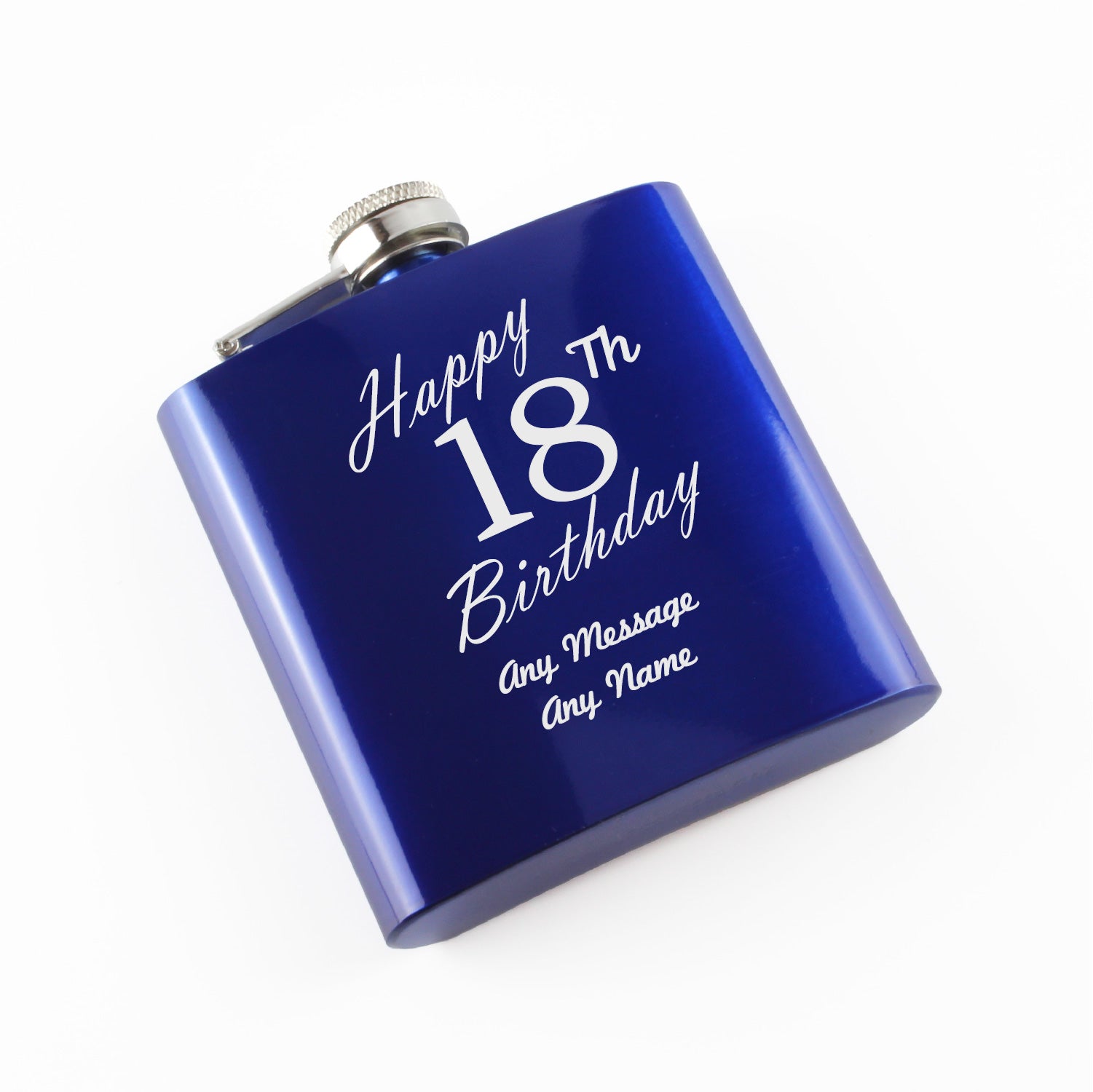 Engraved 6oz Blue Steel Hip Flask Happy 18th Birthday Image 1