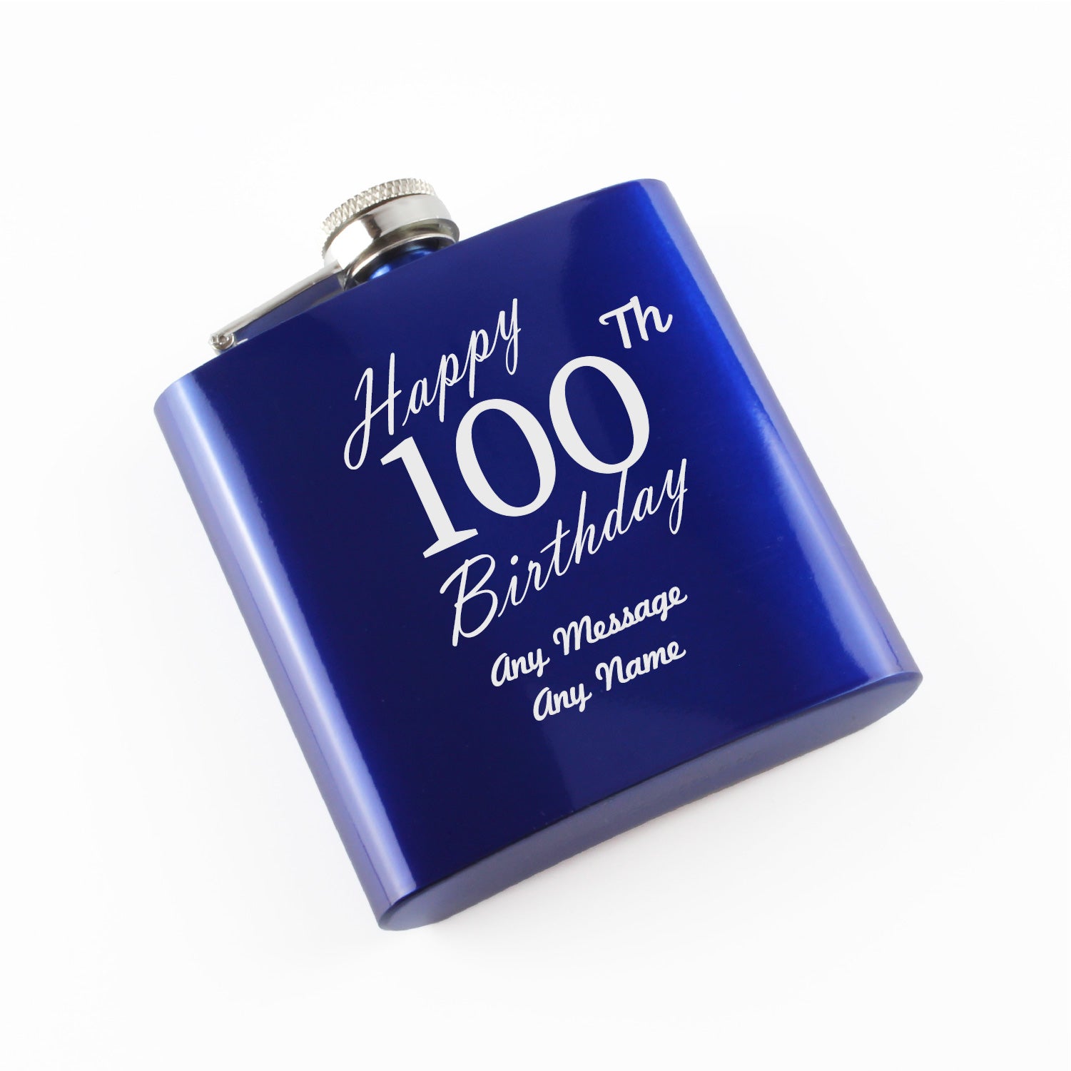 Engraved 6oz Blue Steel Hip Flask Happy 100th Birthday Image 1