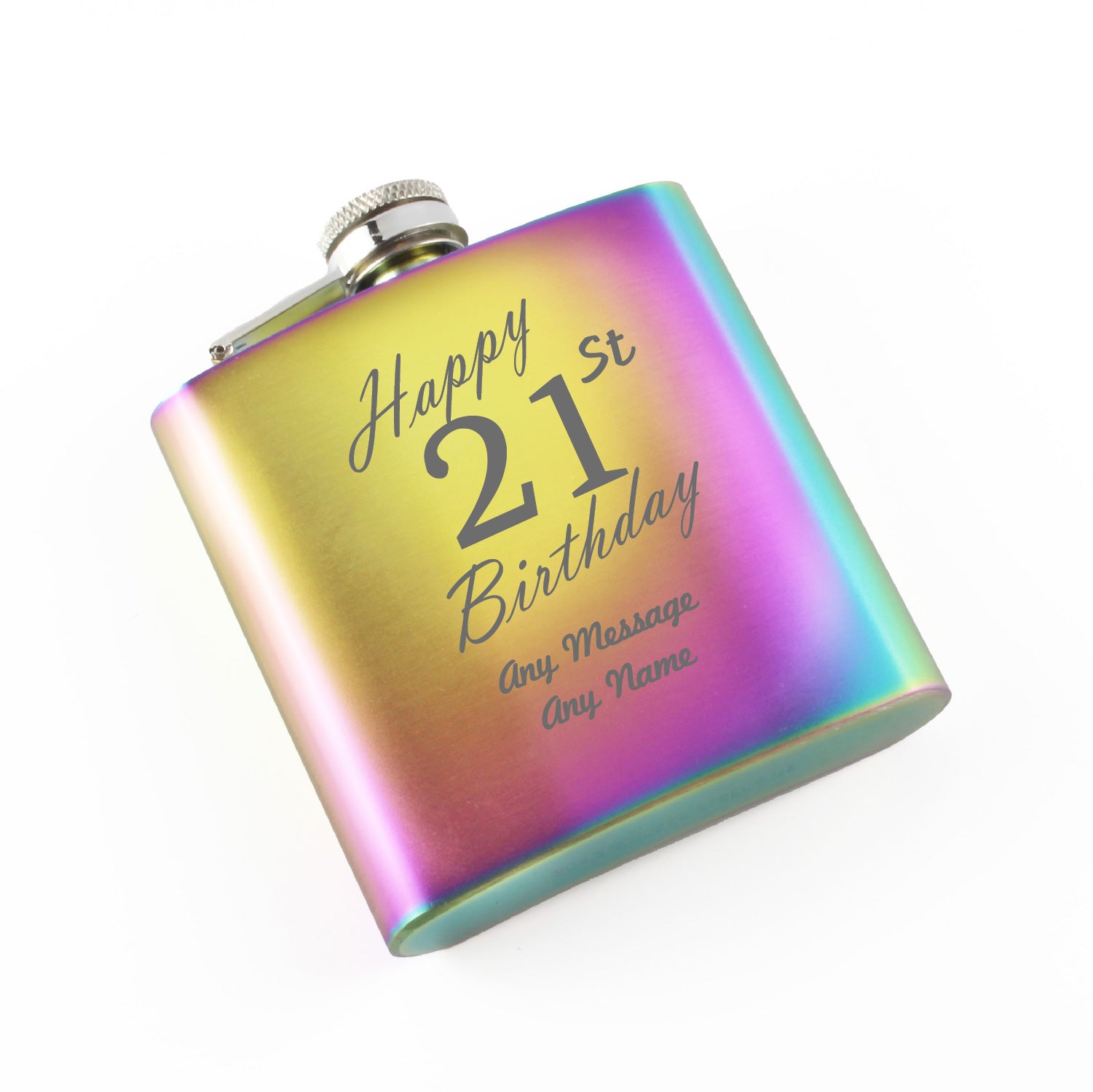 Engraved 6oz Rainbow Steel Hip Flask Happy 21st Birthday Image 1