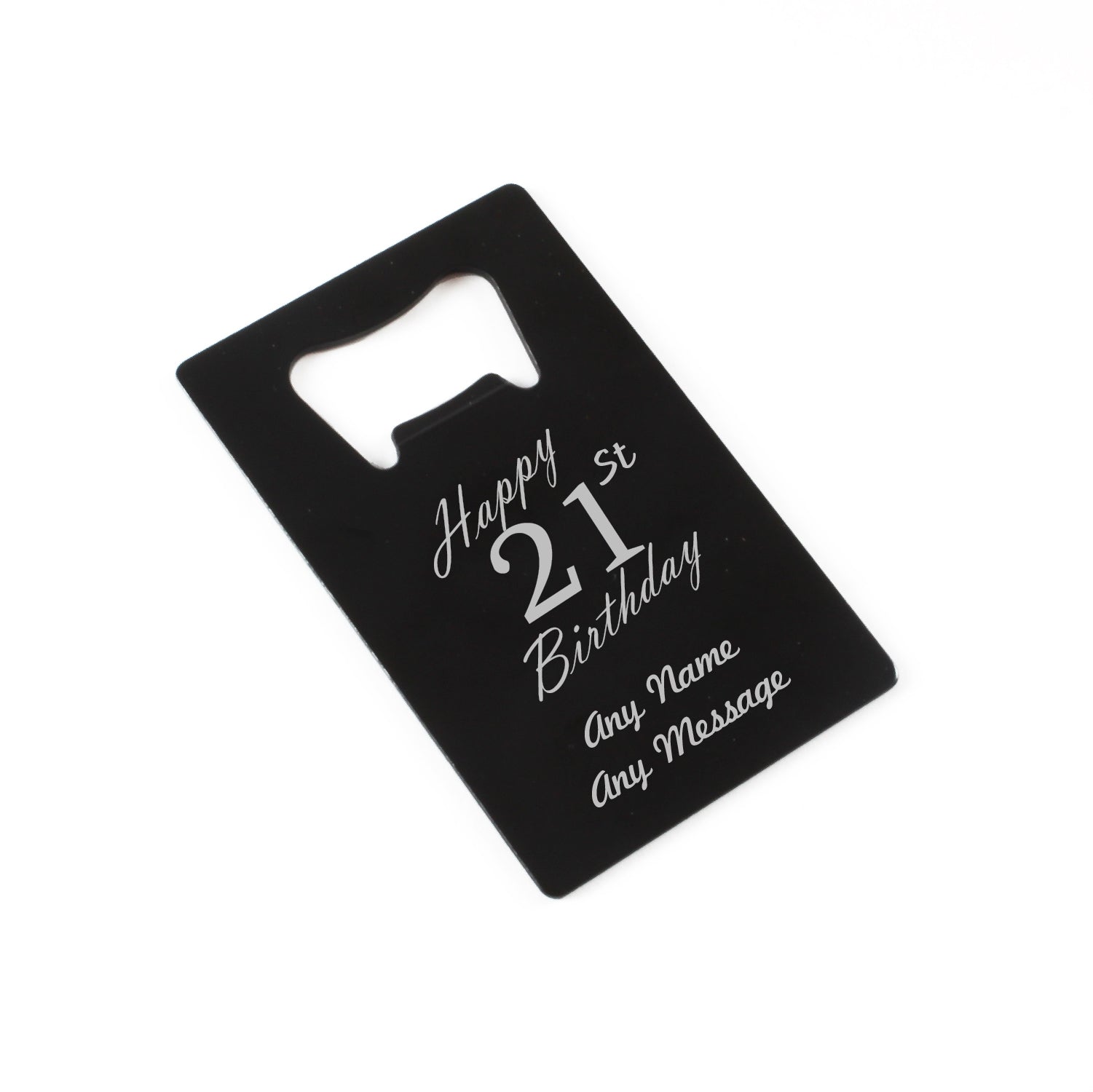 Engraved Portable Wallet Card Bottle Opener Black Happy 21st Birthday Image 1