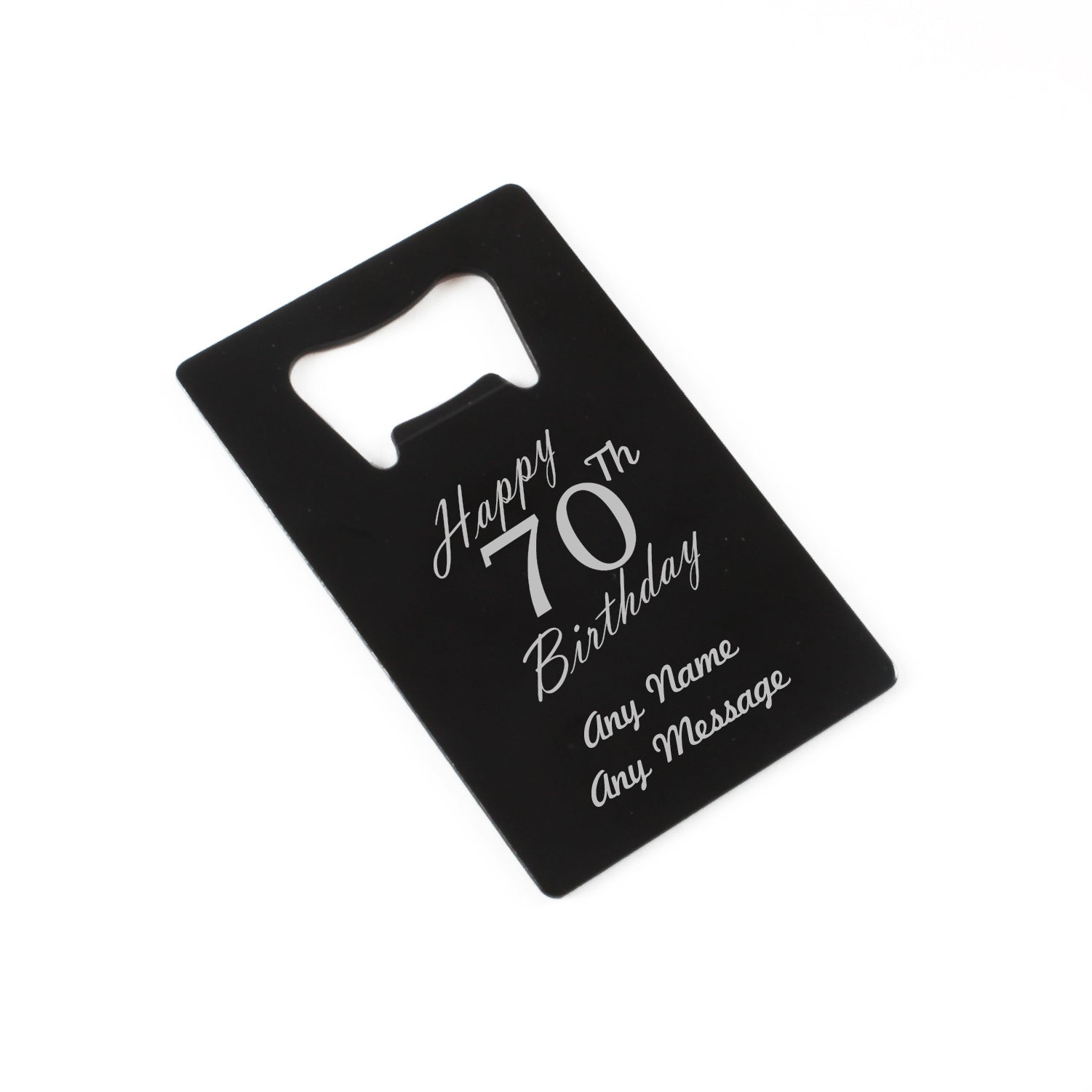 Engraved Portable Wallet Card Bottle Opener Black Happy 70th Birthday Image 1