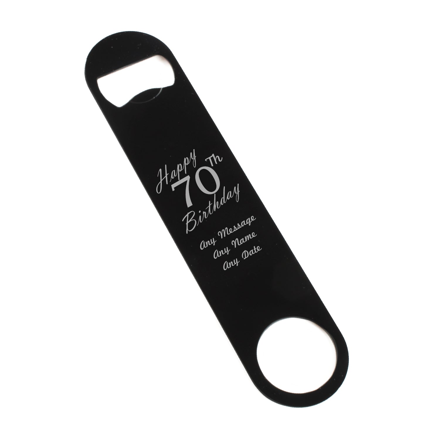 Engraved Large Black Steel Bar Blade Bottle Opener Happy 70th Birthday Image 1