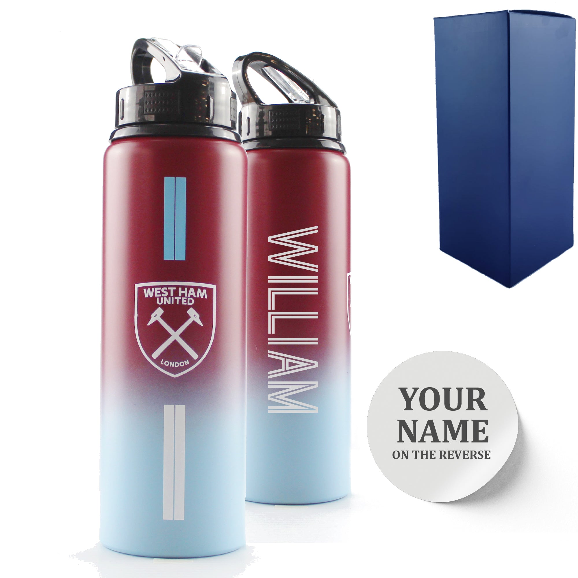 Official Printed Metal West Ham Bottle, Personalise Any Name, Gift Boxed, Striped Design Image 1