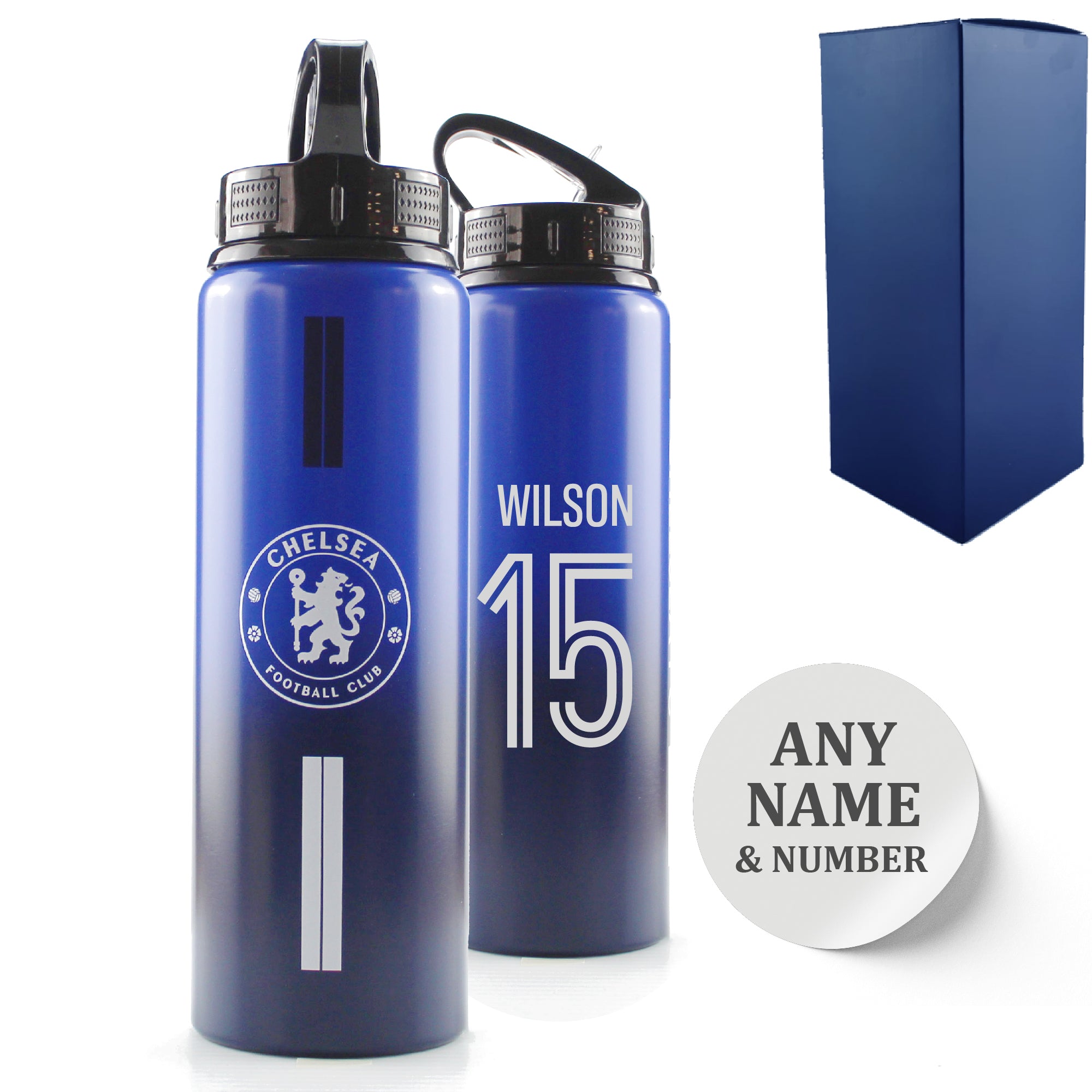 Official Printed Metal Chelsea Bottle, Personalise Any Number, Gift Boxed, Striped Design Image 1