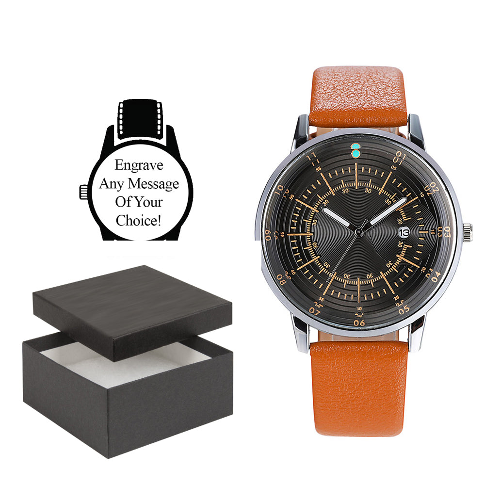 Personalised Engraved Watch Brown Leather Strap With a Face Ready For Business Image 1