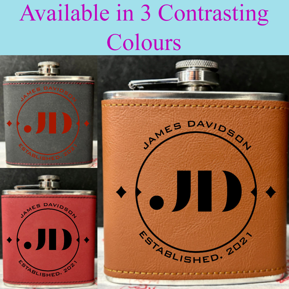 Personalised 2-Tone Hip Flask – Established Initials - Choice of 3 Colours