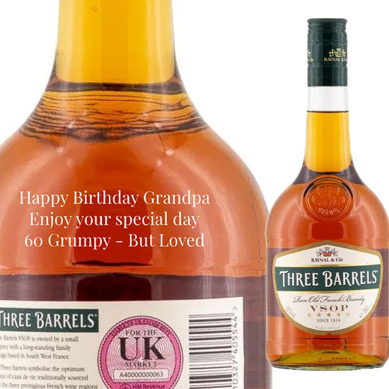 Personalised Three Barrels VSOP Brandy 70cl Engraved Brandy