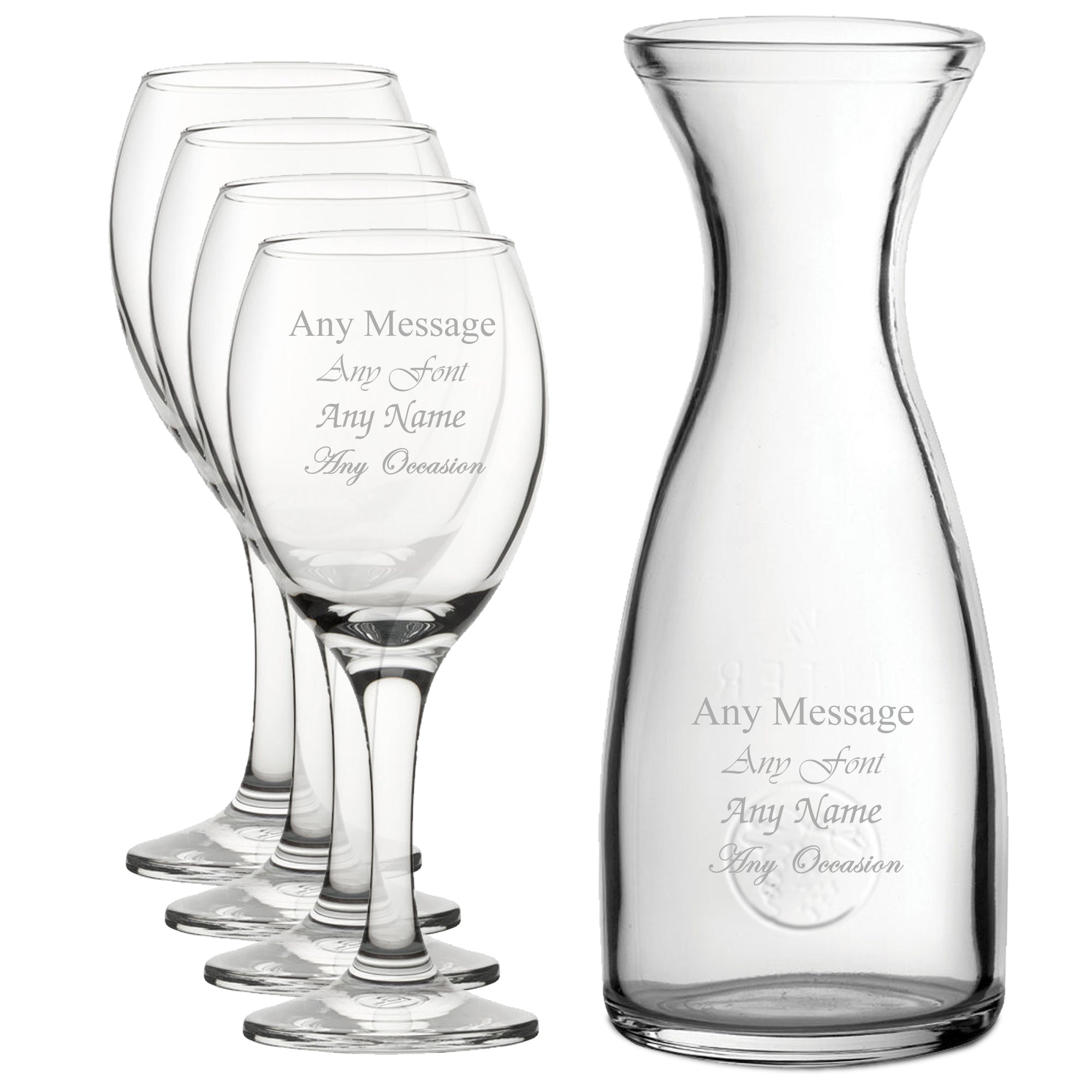 Personalised Engraved Set of 4 Pure Wine Glass and 1 Litre Carafe Set Image 1
