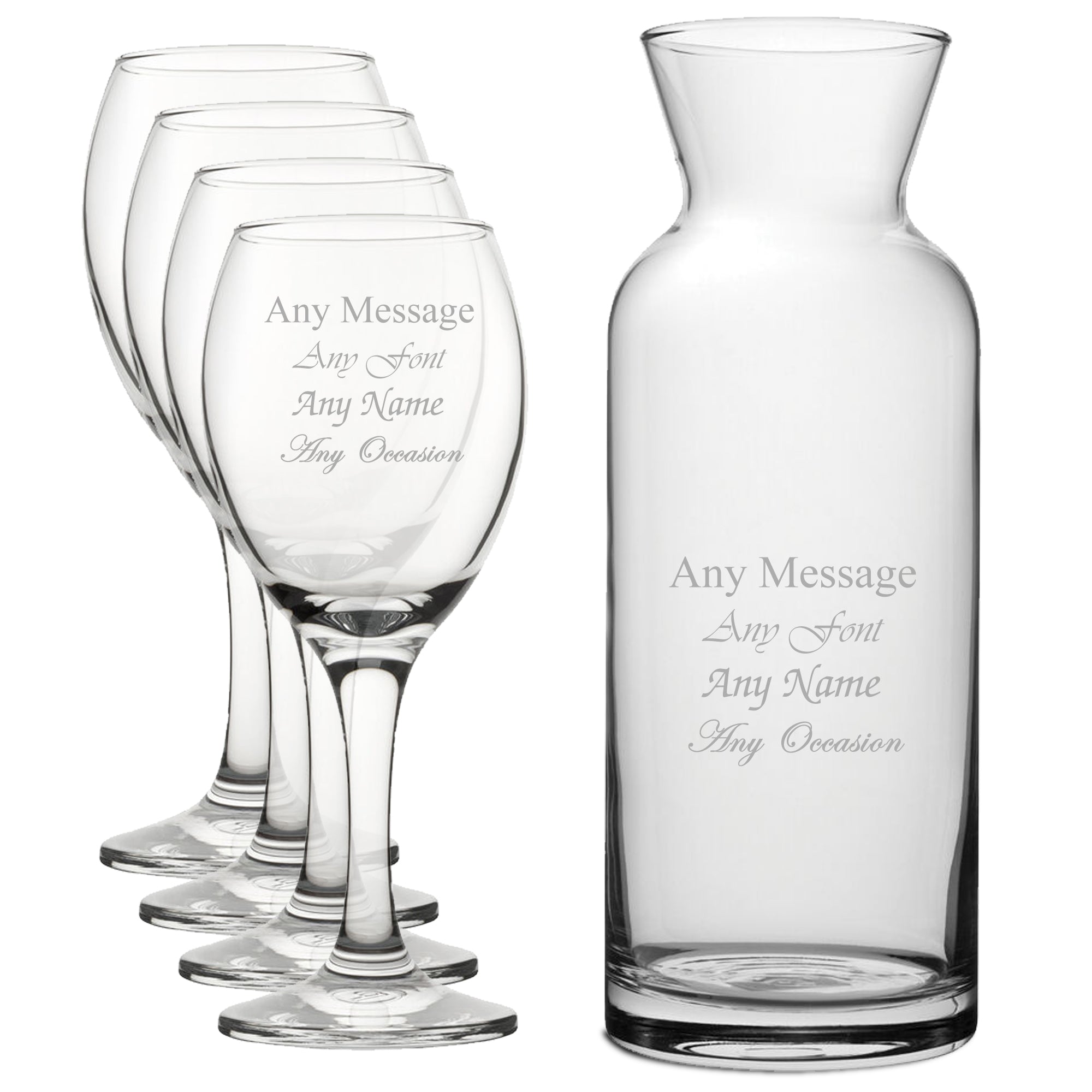 Personalised Engraved Set of 4 Pure Wine Glass and Village Carafe Set Image 1