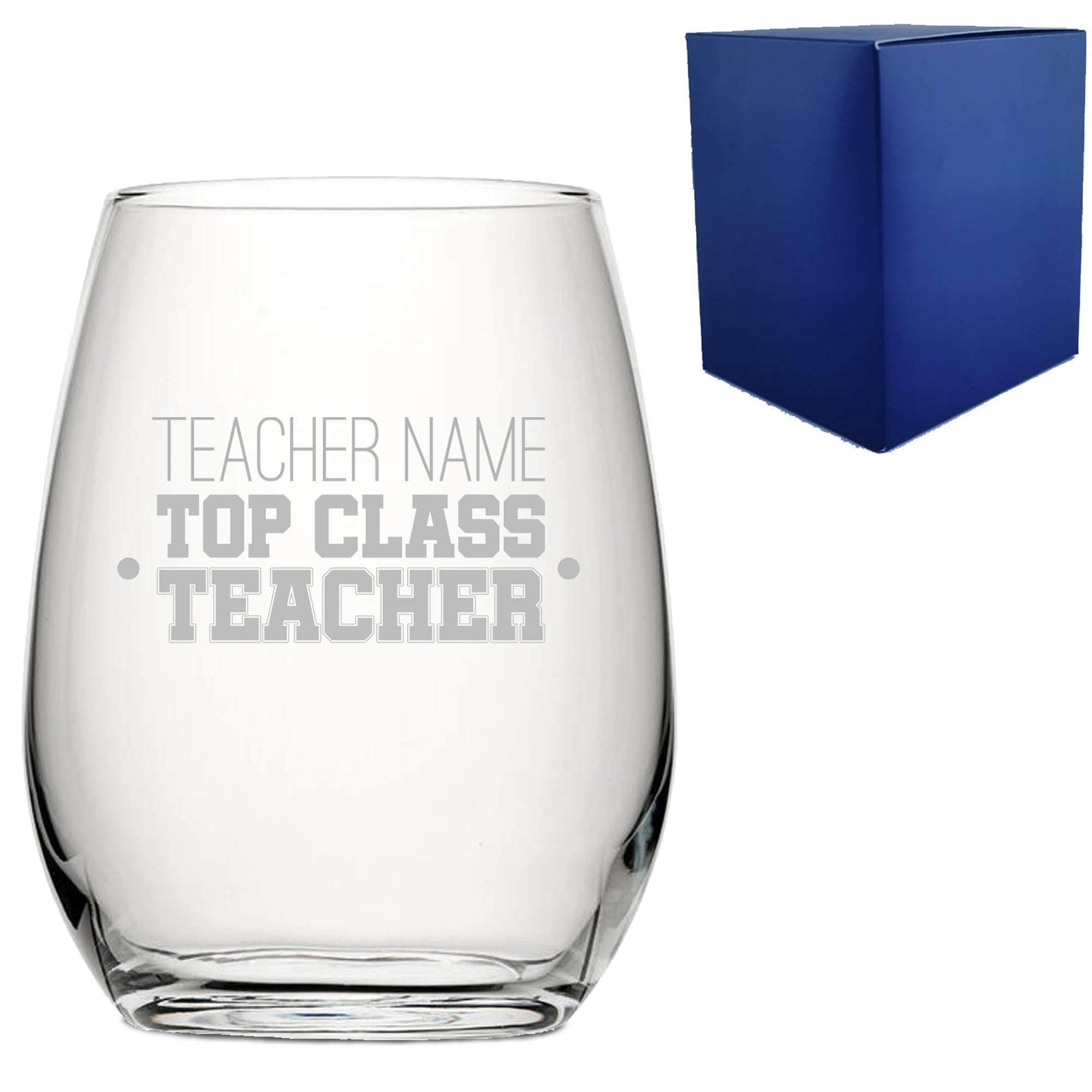 Engraved Teacher Gift Stemless Wine Glass with Top Class Teacher Design Image 1