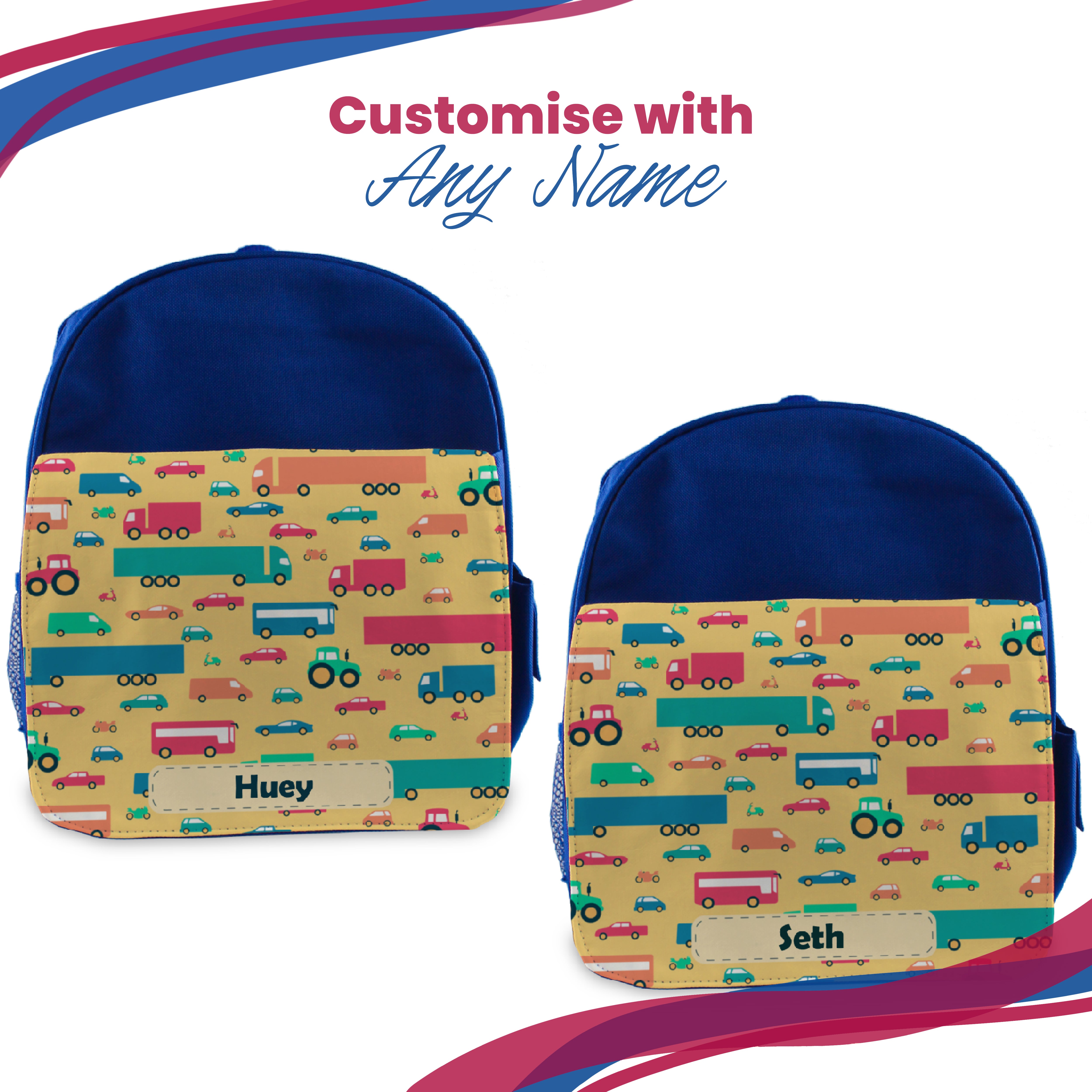 Printed Kids Blue Backpack with Vehicle Design, Customise with Any Name Image 5