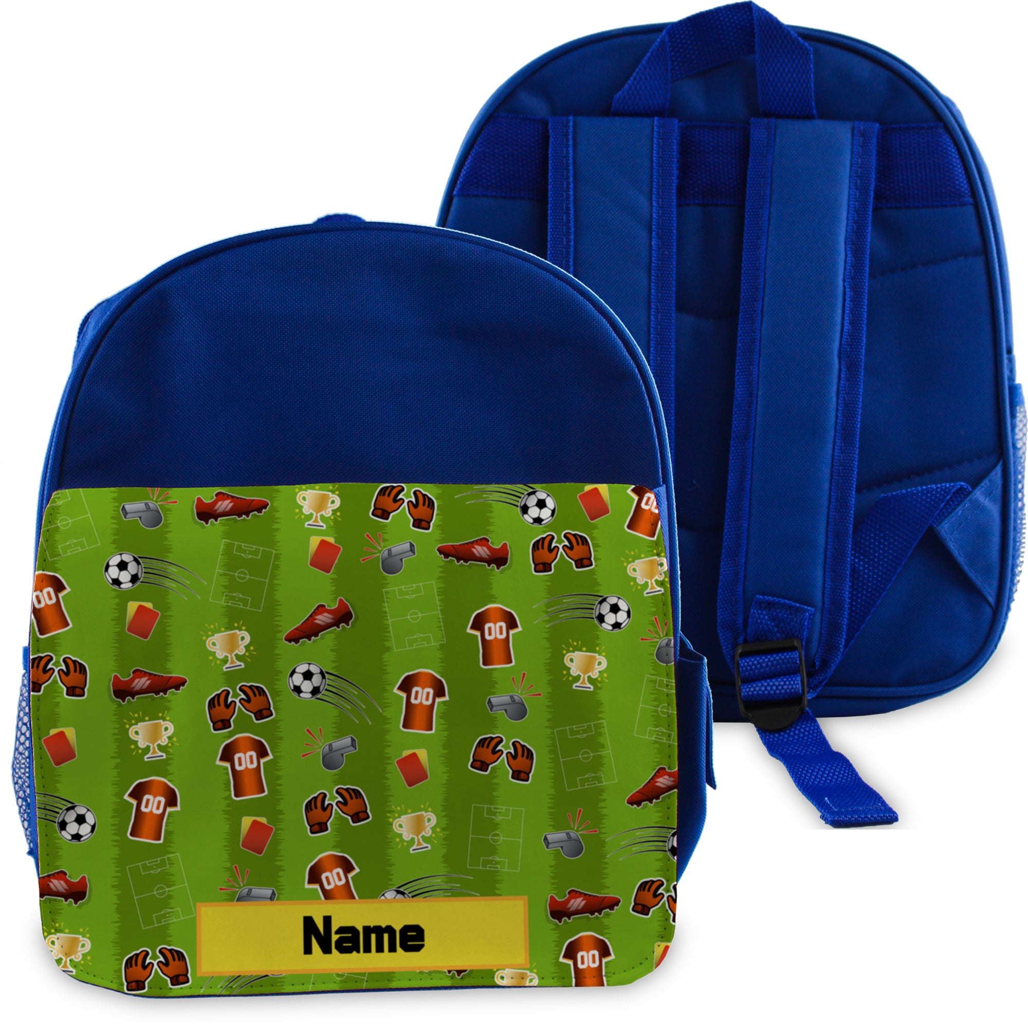 Printed Kids Blue Backpack with Football Pitch Design, Customise with Any Name Image 2